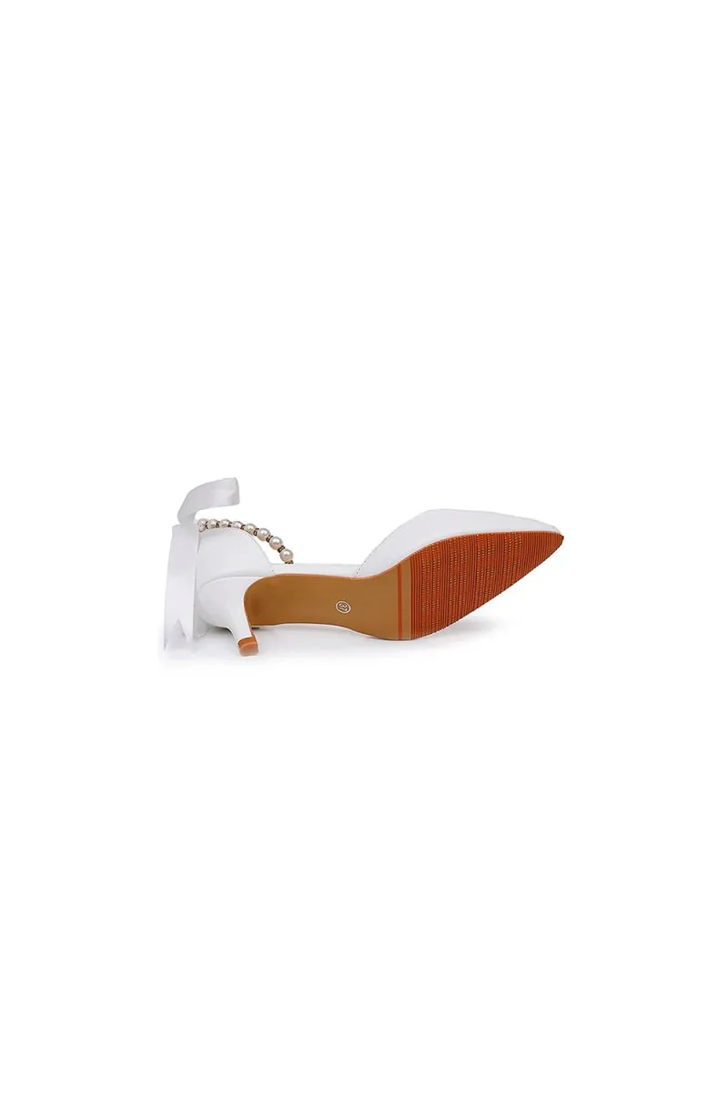 Satin Pearl Ribbon Tie Pointed Toe Ankle Strap High Heels