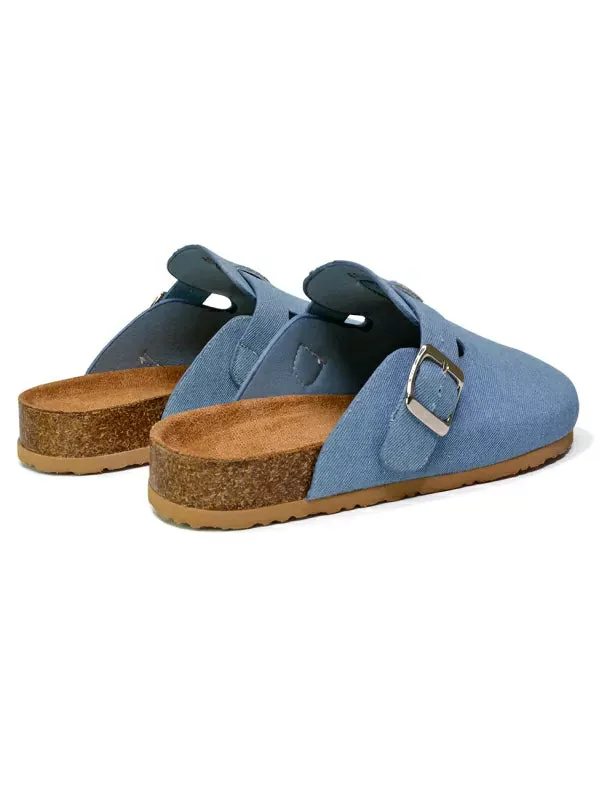Savannah Closed Toe Slip On Buckle Flat Sandal Sliders in Denim