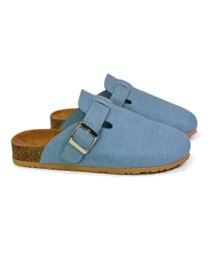 Savannah Closed Toe Slip On Buckle Flat Sandal Sliders in Denim
