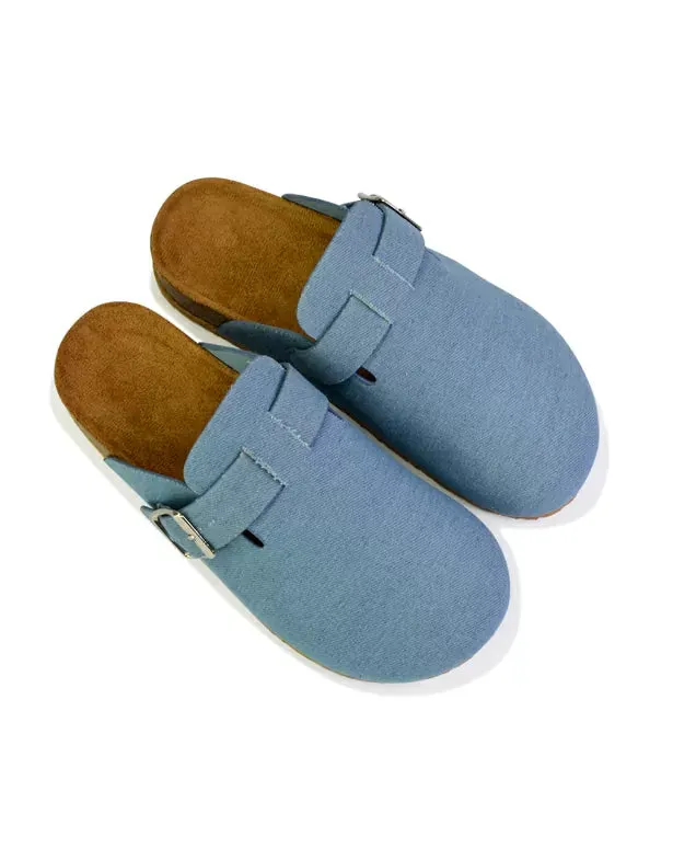 Savannah Closed Toe Slip On Buckle Flat Sandal Sliders in Denim