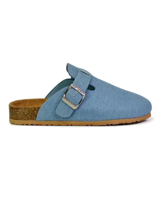 Savannah Closed Toe Slip On Buckle Flat Sandal Sliders in Denim