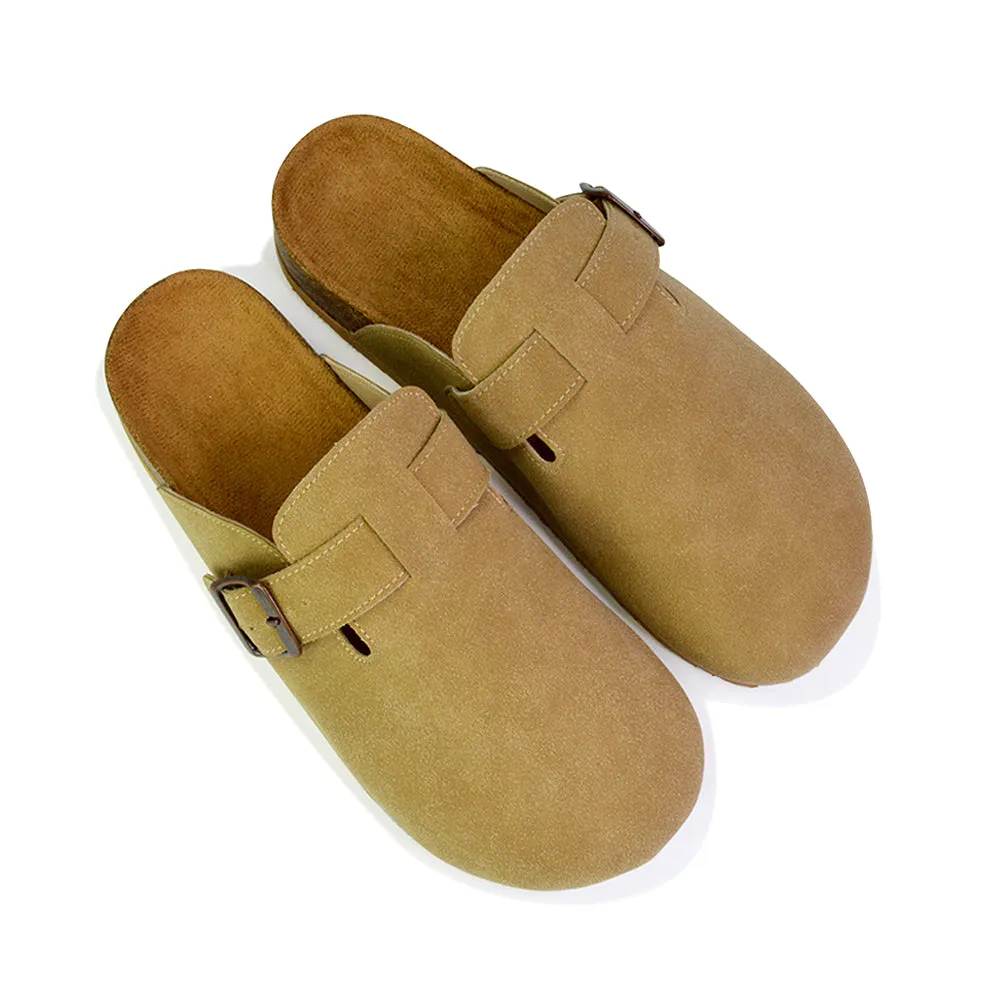 Savannah Closed Toe Slip On Buckle Flat Sandal Sliders in Denim