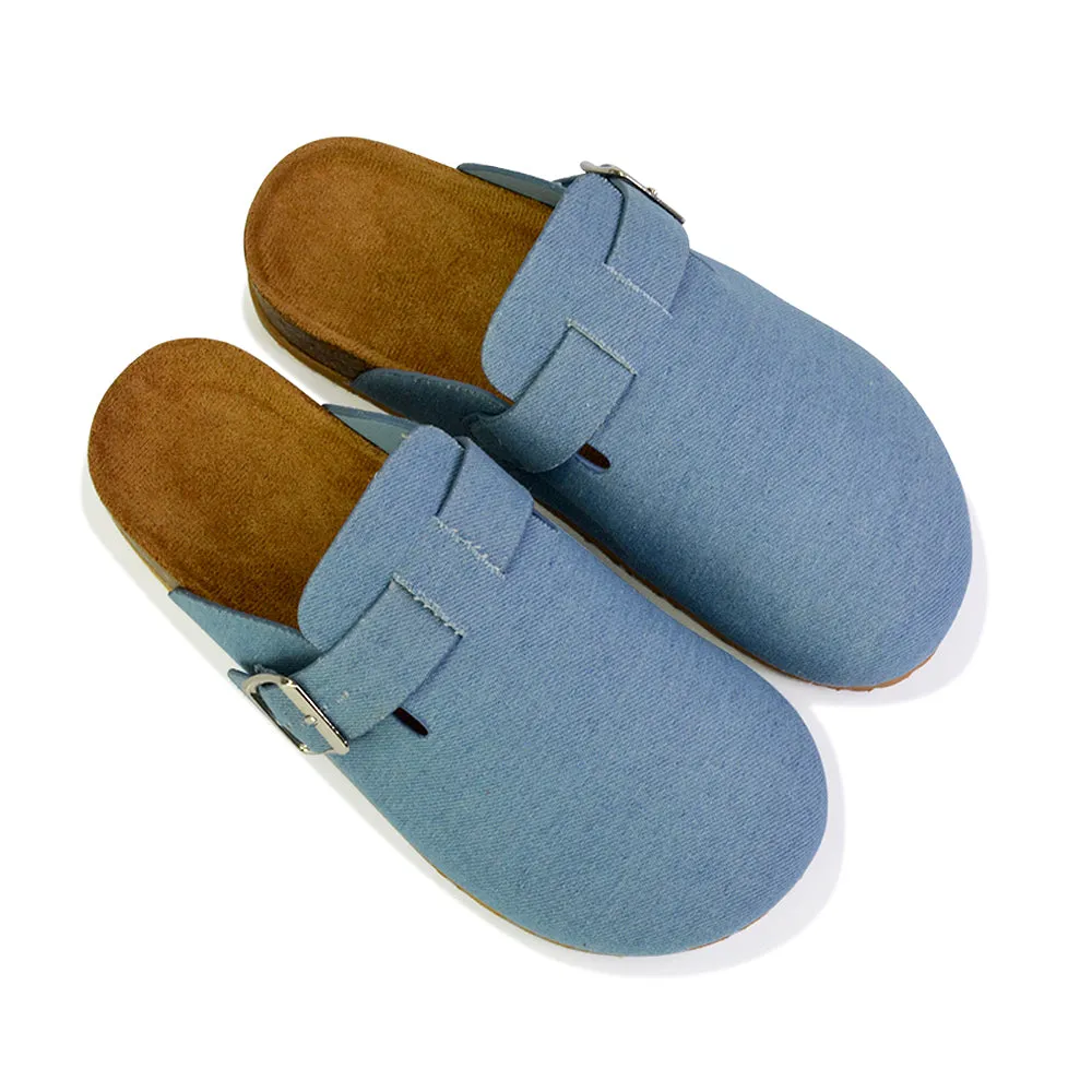 Savannah Closed Toe Slip On Buckle Flat Sandal Sliders in Denim