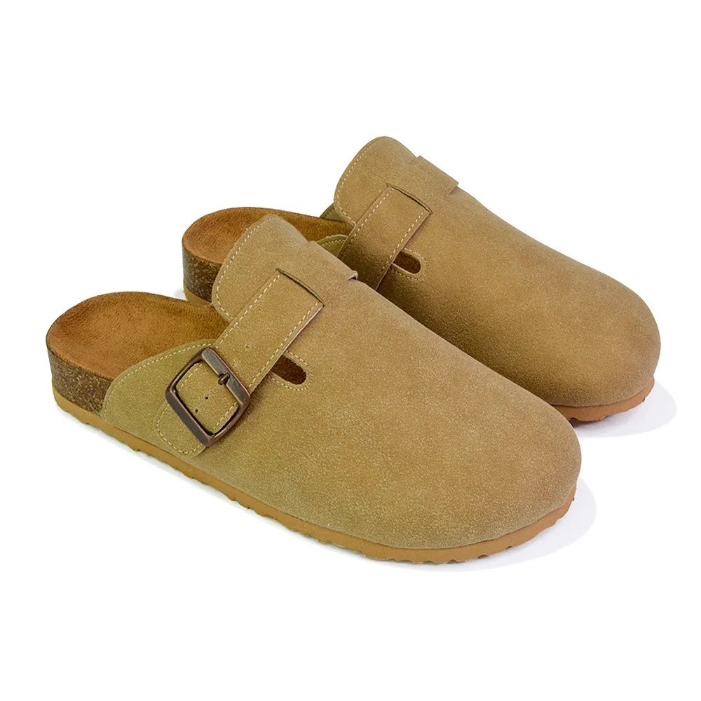 Savannah Closed Toe Slip On Buckle Flat Sandal Sliders in Denim