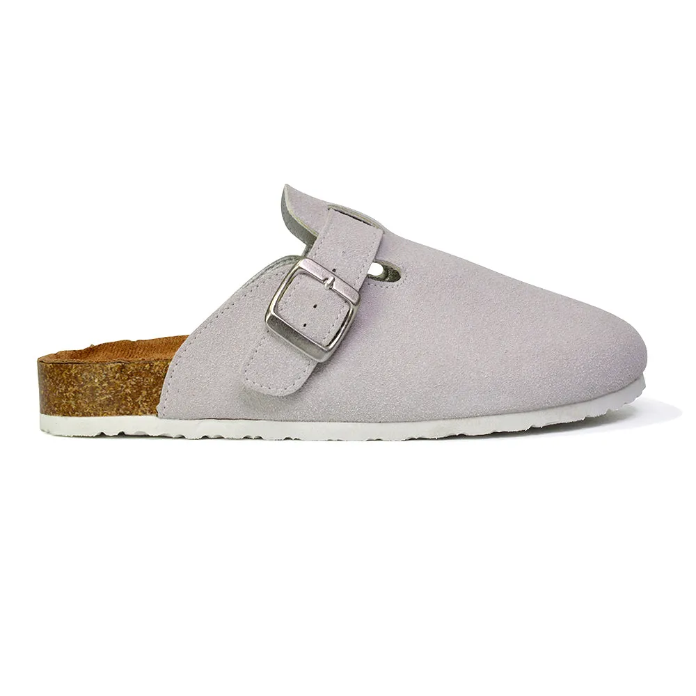 Savannah Closed Toe Slip On Buckle Flat Sandal Sliders in Denim