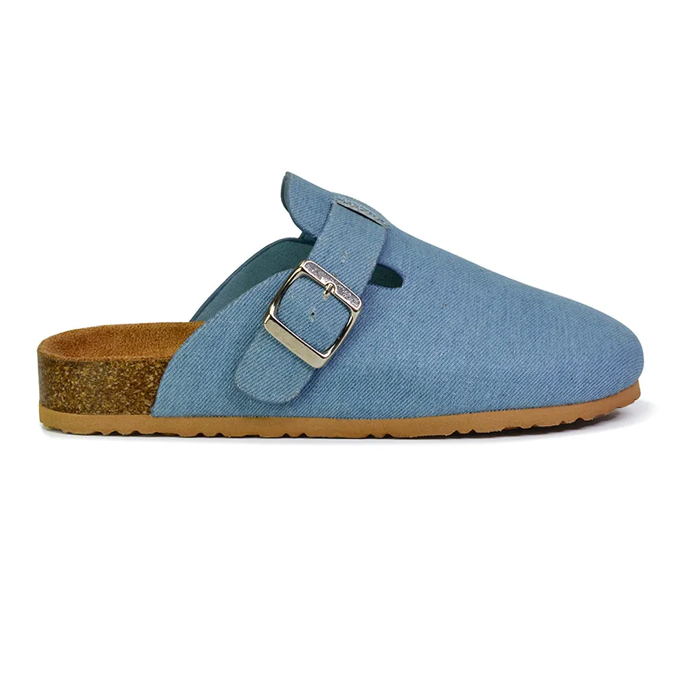 Savannah Closed Toe Slip On Buckle Flat Sandal Sliders in Denim