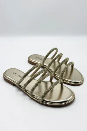 Sirra Diamante Embellished 4 Strap Sliders in Gold
