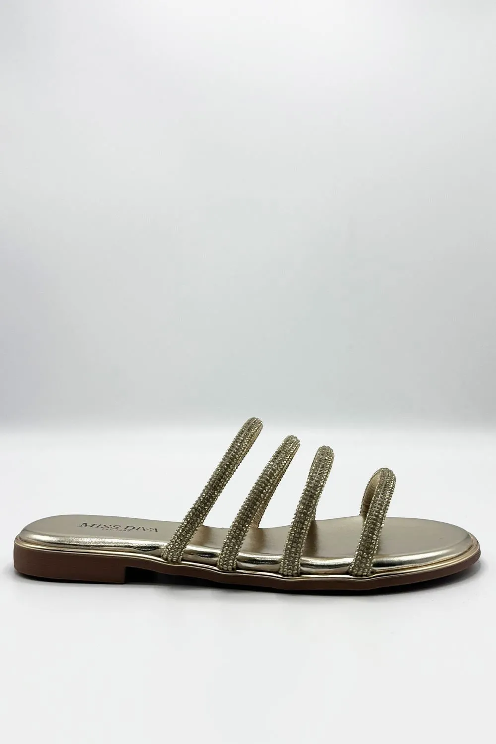 Sirra Diamante Embellished 4 Strap Sliders in Gold