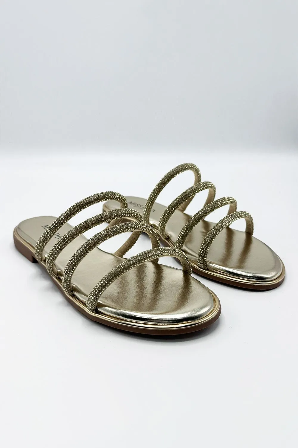 Sirra Diamante Embellished 4 Strap Sliders in Gold