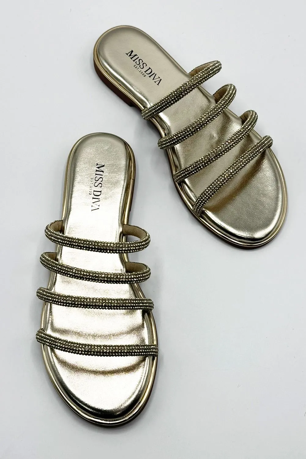 Sirra Diamante Embellished 4 Strap Sliders in Gold