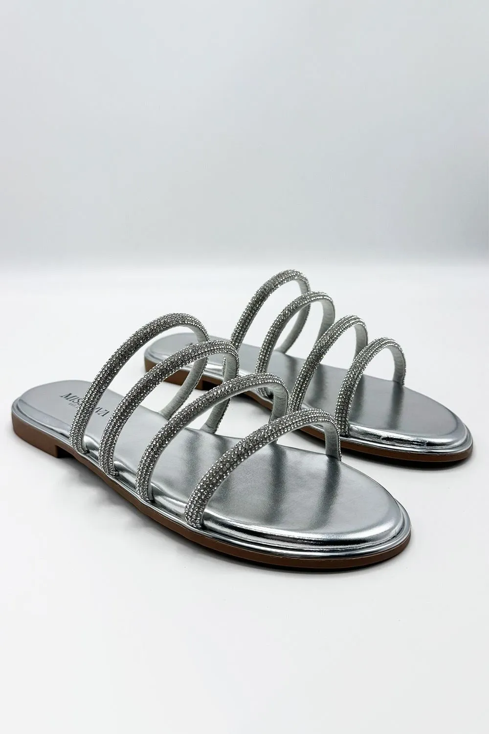 Sirra Diamante Embellished 4 Strap Sliders in Silver