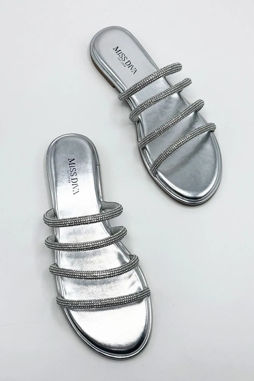 Sirra Diamante Embellished 4 Strap Sliders in Silver