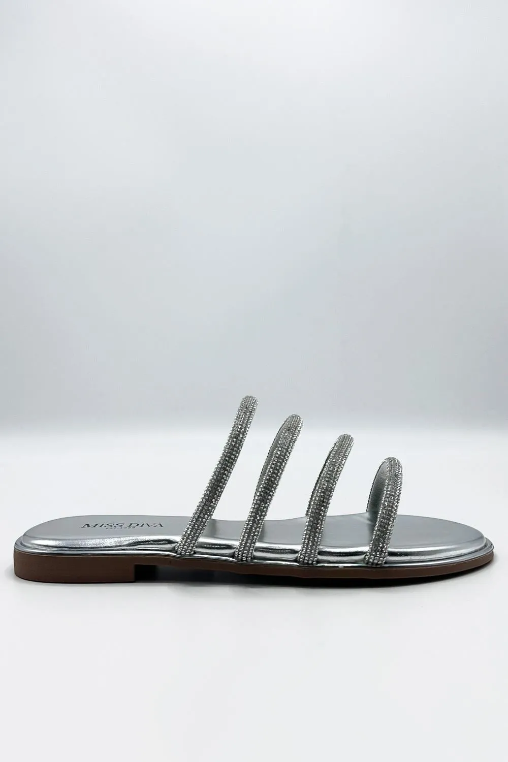 Sirra Diamante Embellished 4 Strap Sliders in Silver