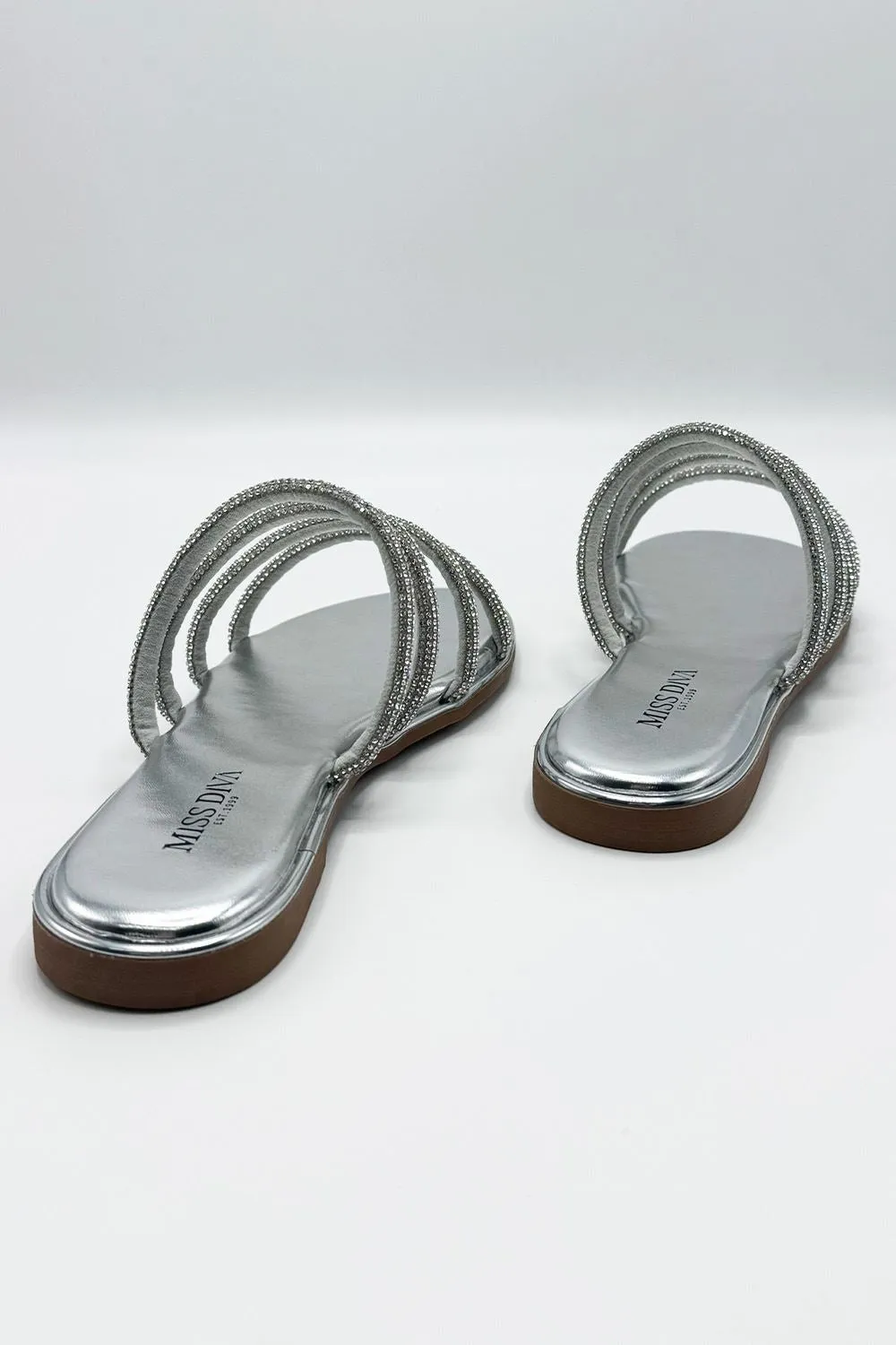 Sirra Diamante Embellished 4 Strap Sliders in Silver