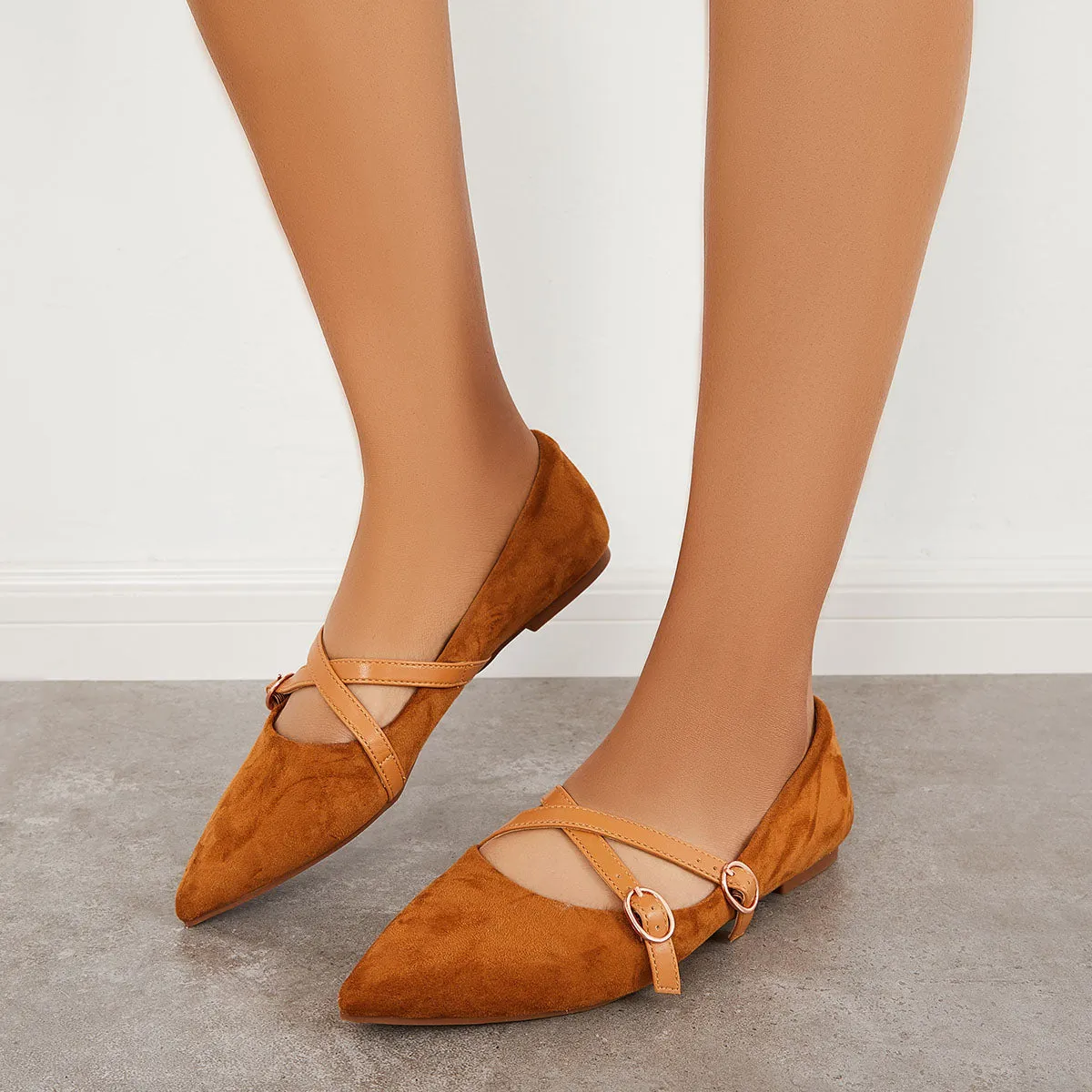 Sohiwoo Women Pointed Toe Criss Cross Straps Flats Backless Loafers