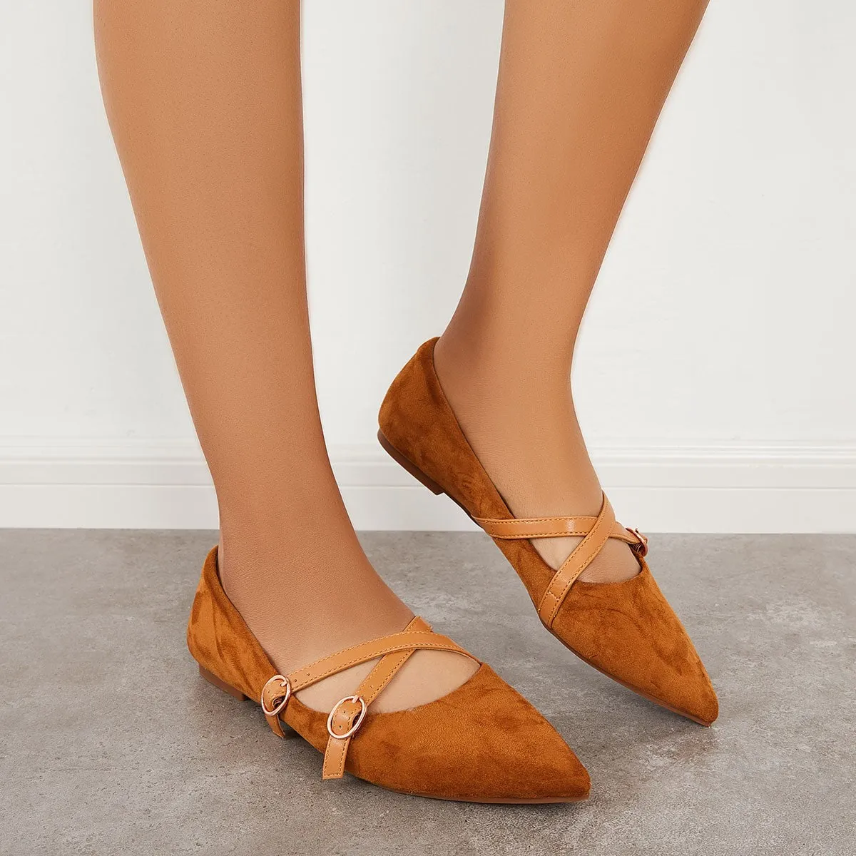 Sohiwoo Women Pointed Toe Criss Cross Straps Flats Backless Loafers