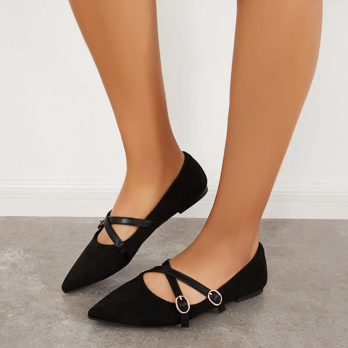 Sohiwoo Women Pointed Toe Criss Cross Straps Flats Backless Loafers