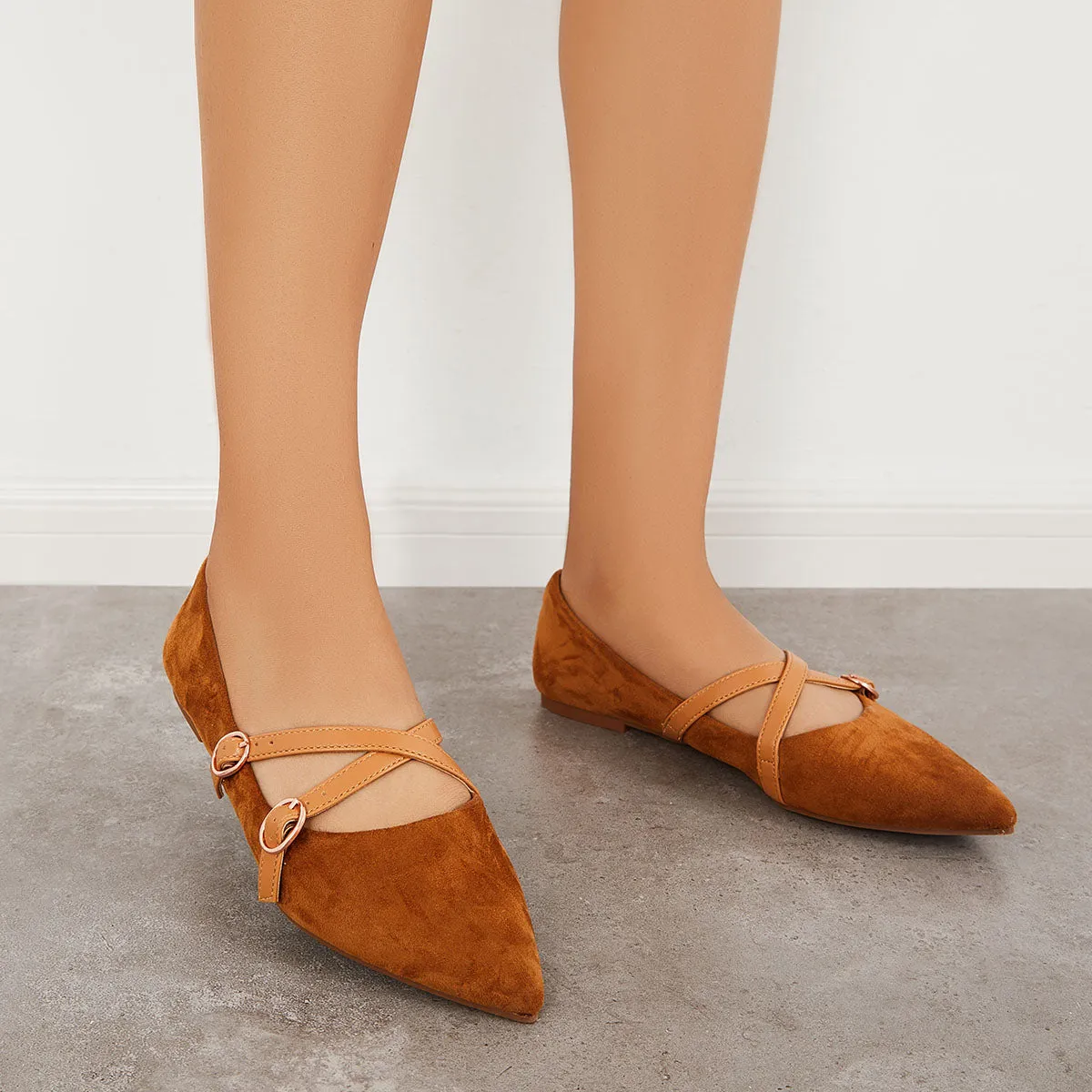 Sohiwoo Women Pointed Toe Criss Cross Straps Flats Backless Loafers