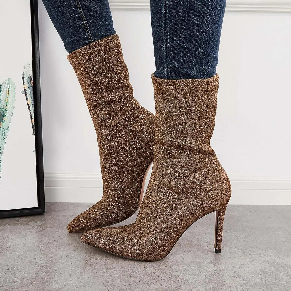 Sohiwoo  Women Shiny Stretch Pointed Toe Stilettos Boots High Heel Ankle Booties