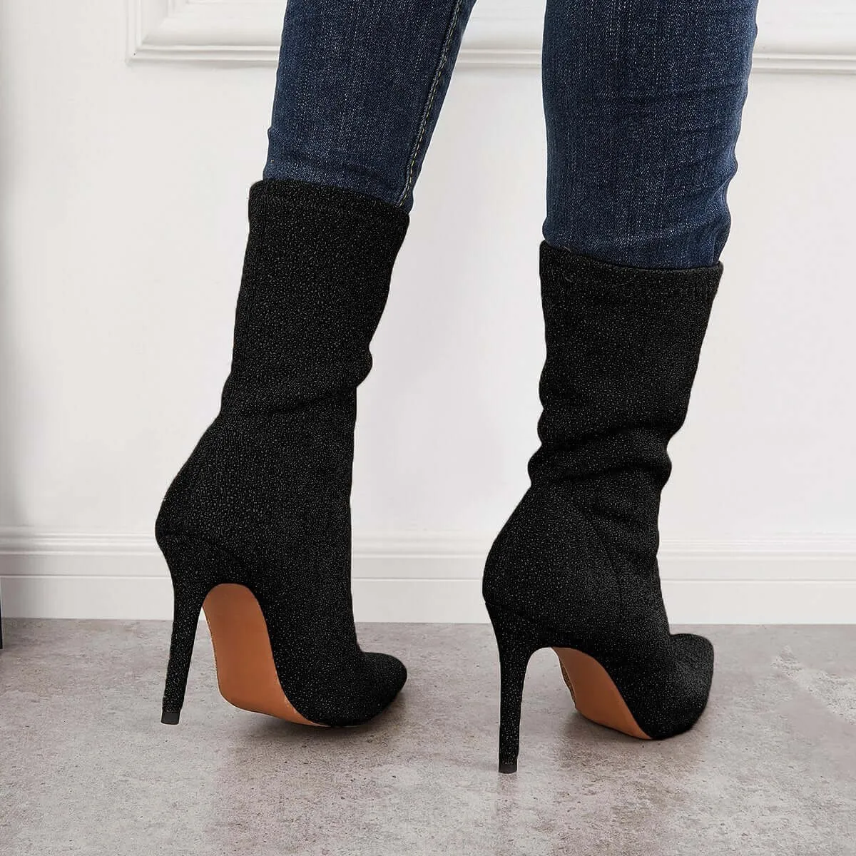 Sohiwoo  Women Shiny Stretch Pointed Toe Stilettos Boots High Heel Ankle Booties