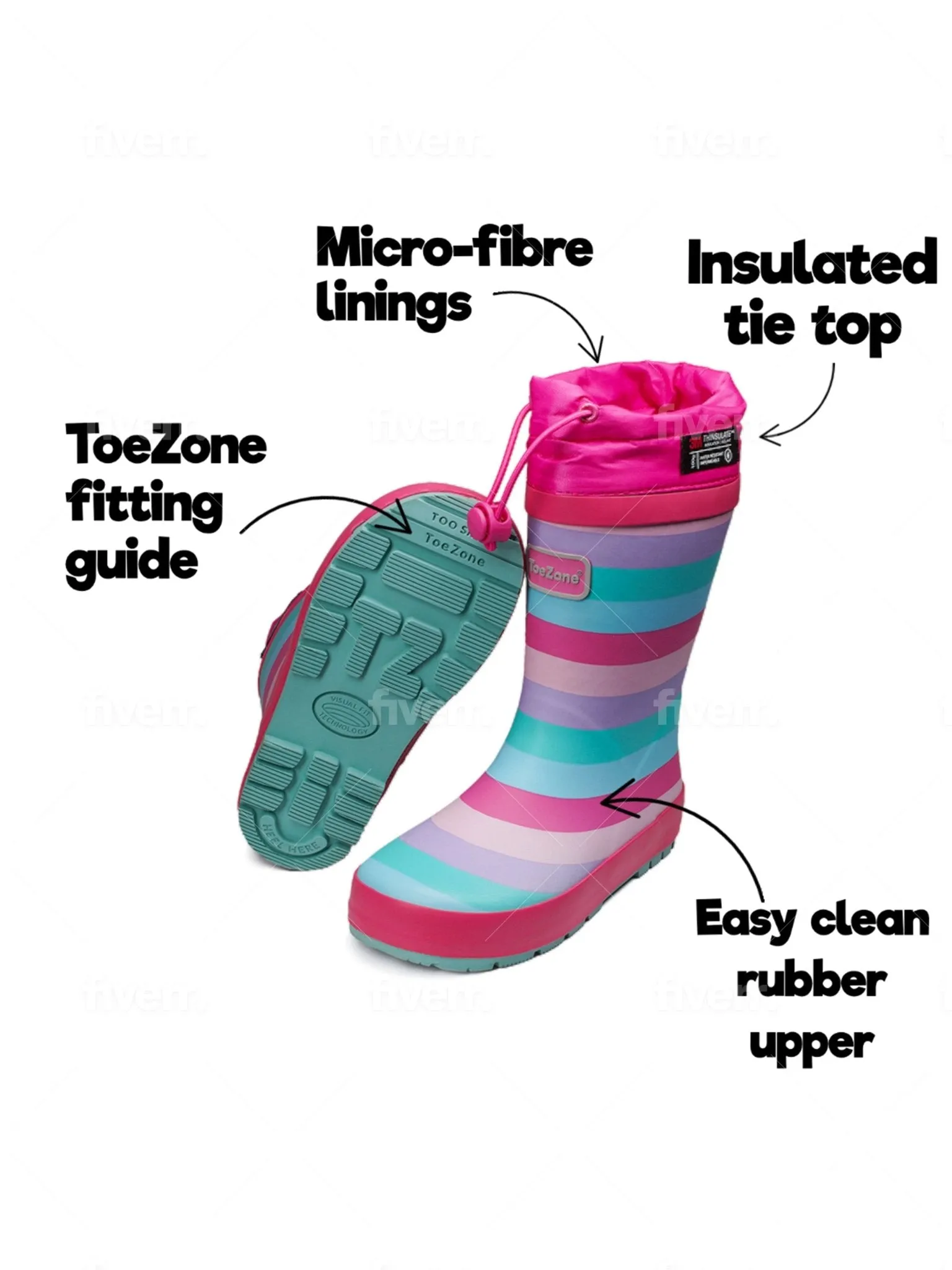 STRIPE Tie-Top Girls Colourful Rain Boots with Fastening