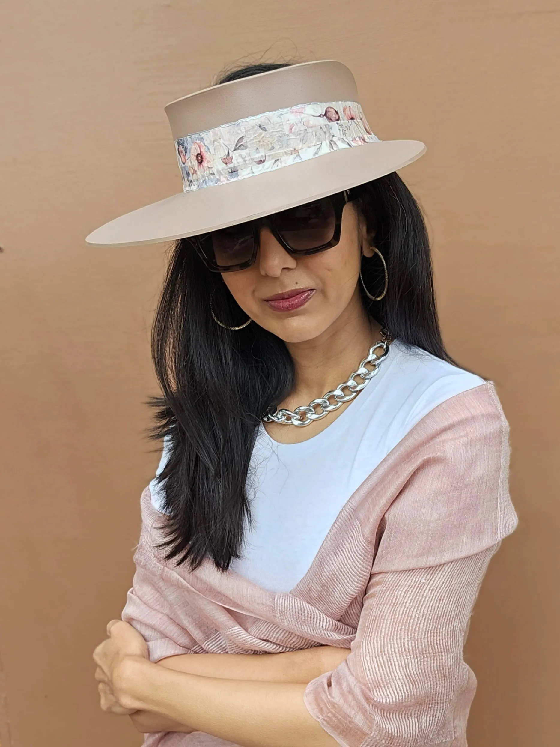 Tall Brown "LadyEVA" Visor Hat with Bold Pink Floral Band