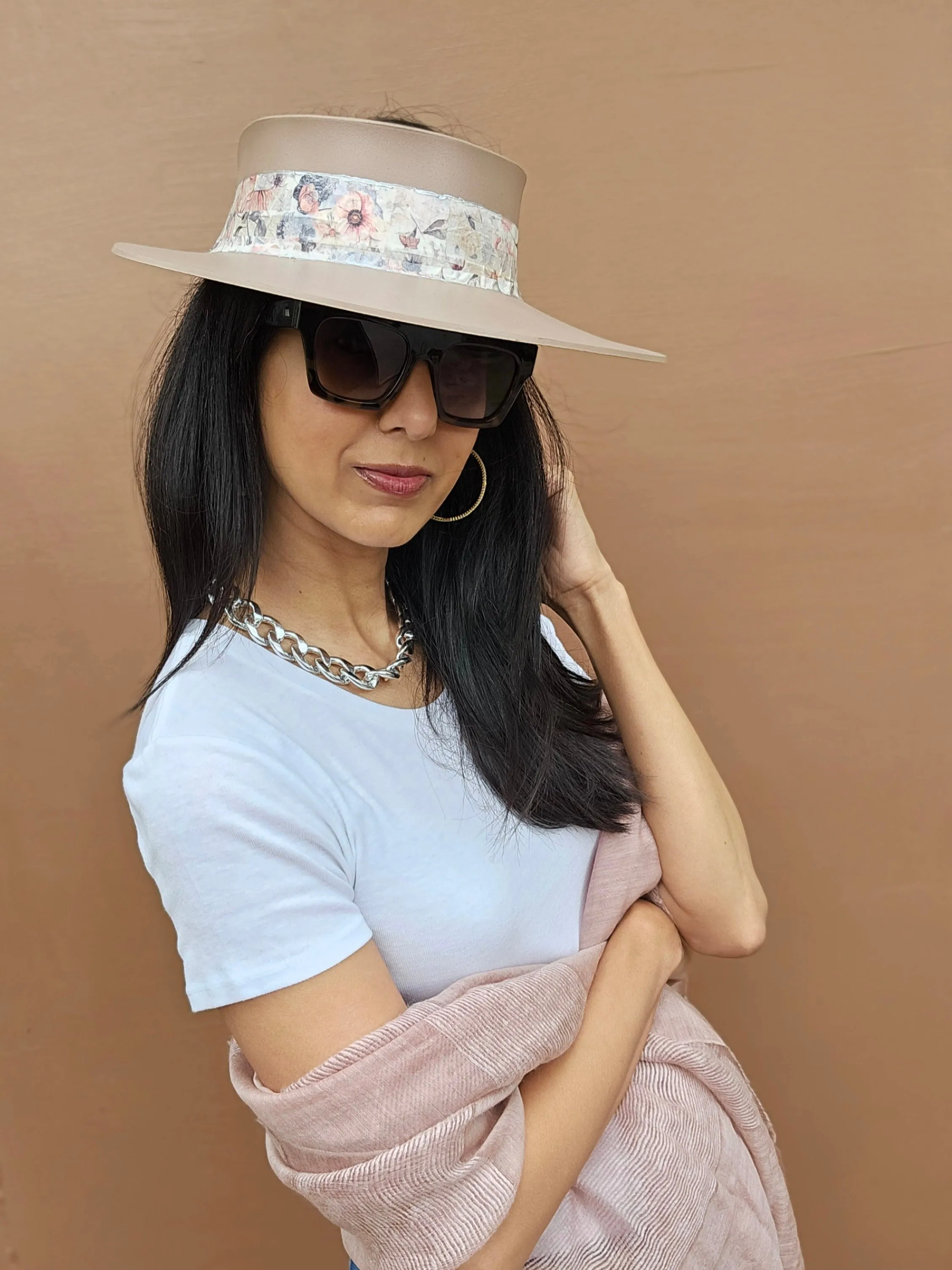 Tall Brown "LadyEVA" Visor Hat with Bold Pink Floral Band