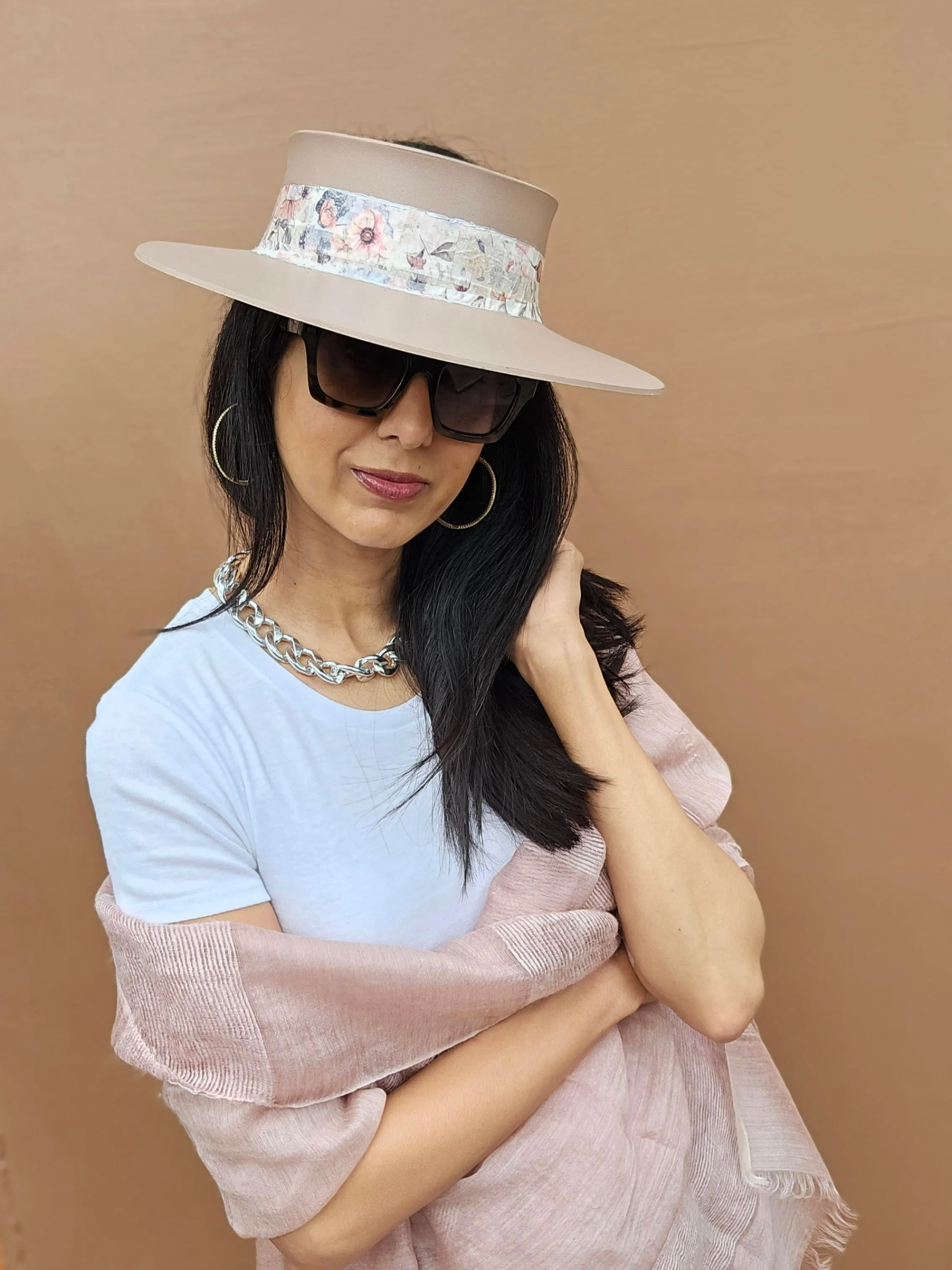Tall Brown "LadyEVA" Visor Hat with Bold Pink Floral Band