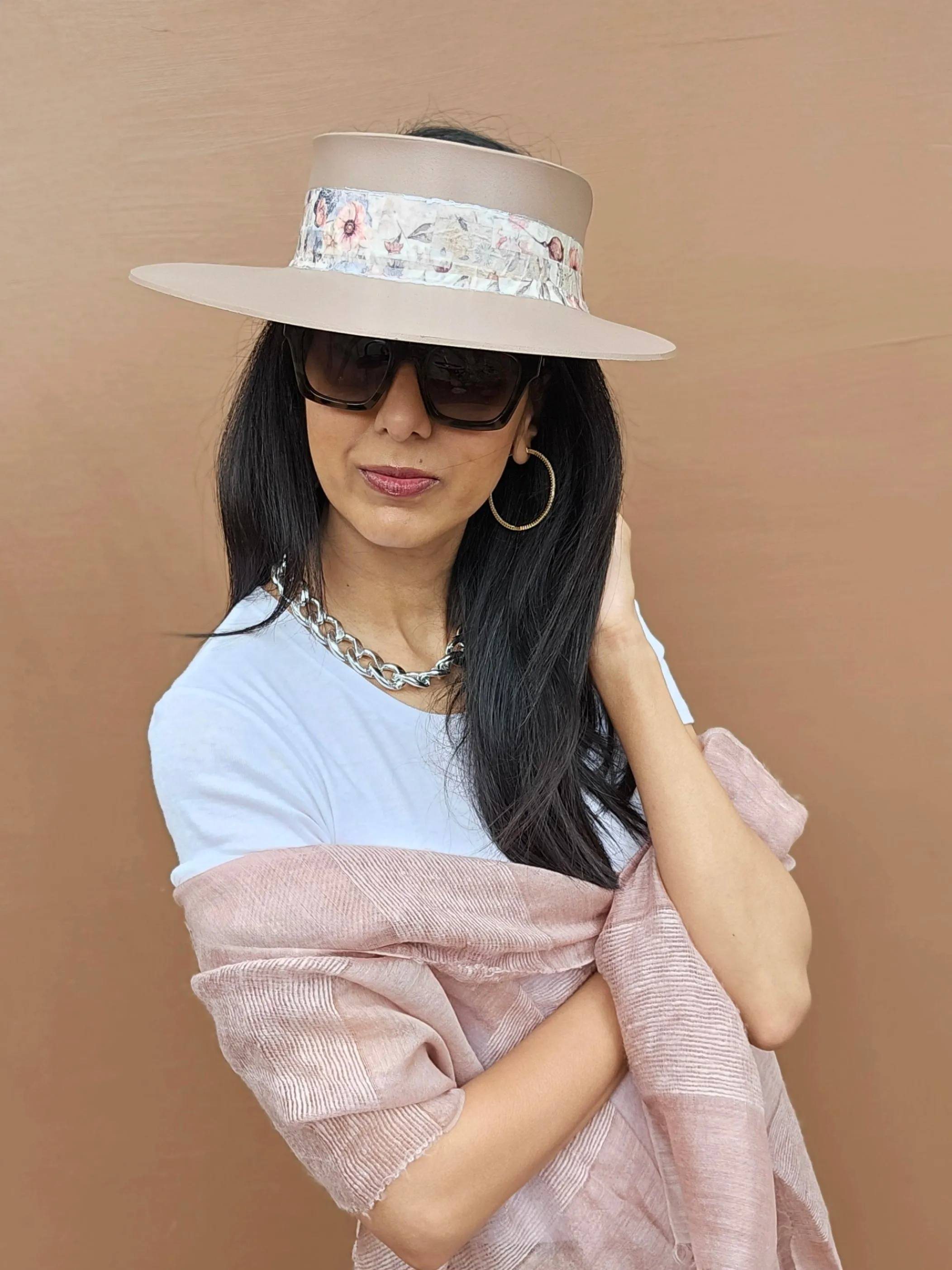 Tall Brown "LadyEVA" Visor Hat with Bold Pink Floral Band