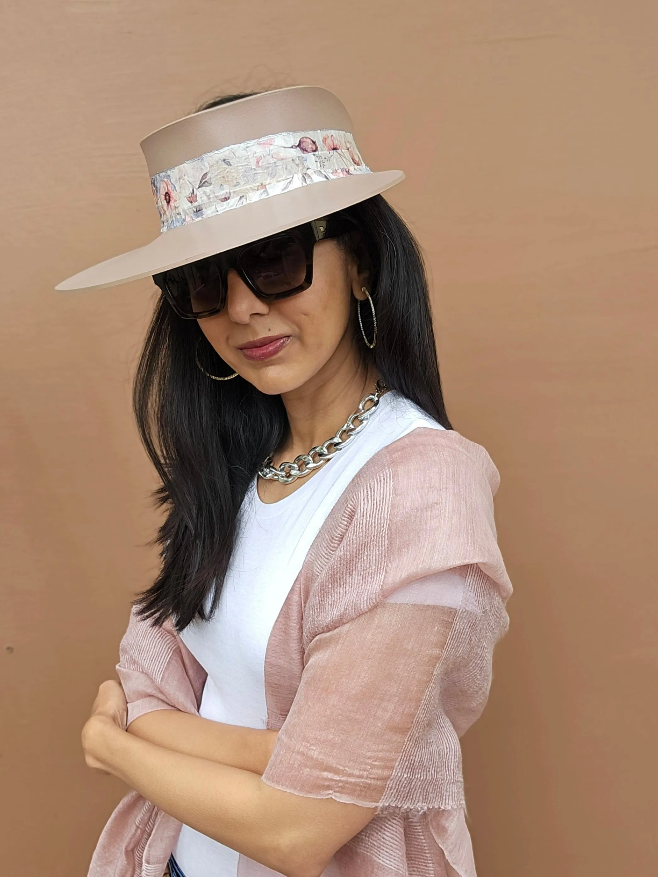 Tall Brown "LadyEVA" Visor Hat with Bold Pink Floral Band