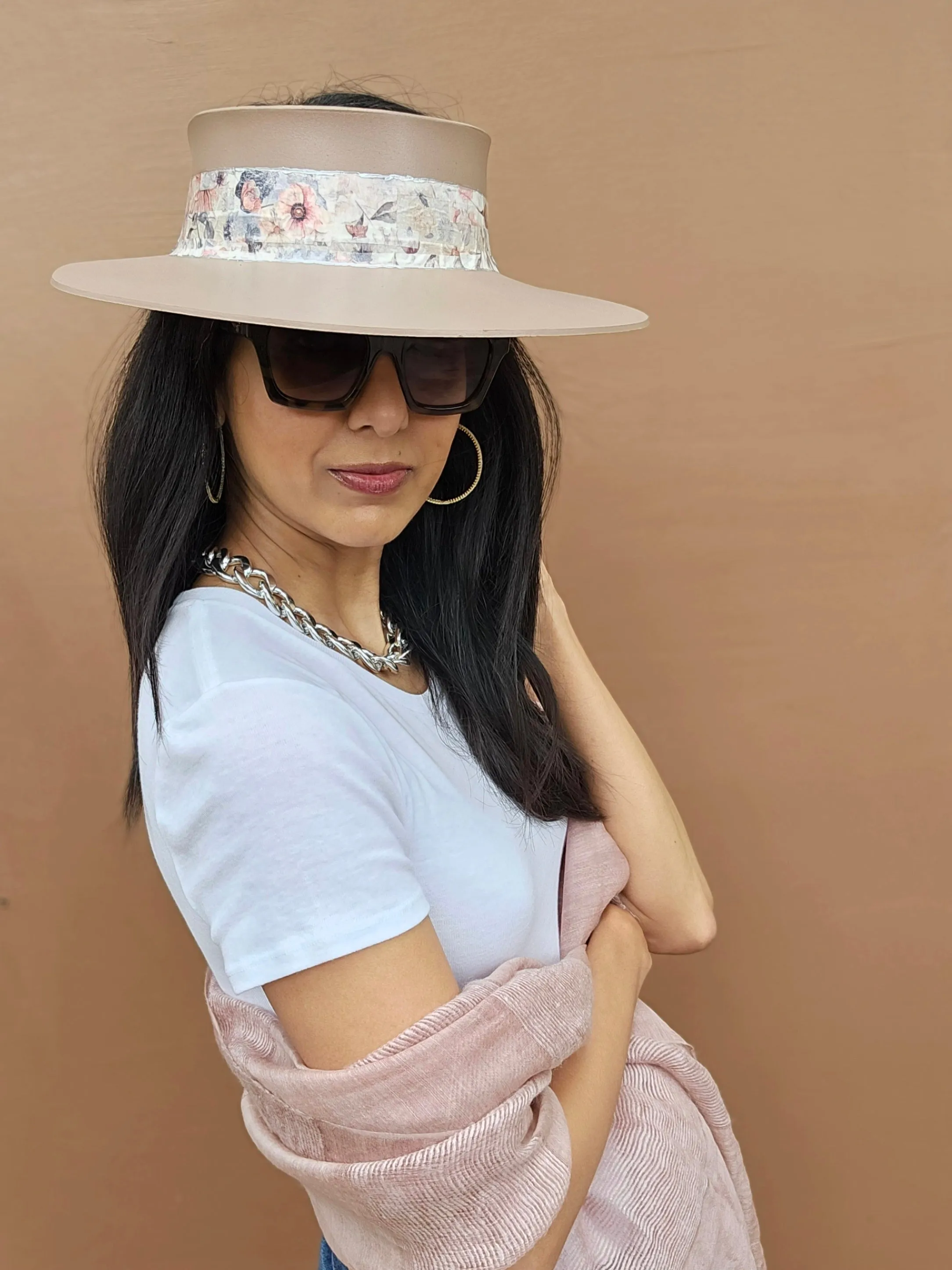 Tall Brown "LadyEVA" Visor Hat with Bold Pink Floral Band