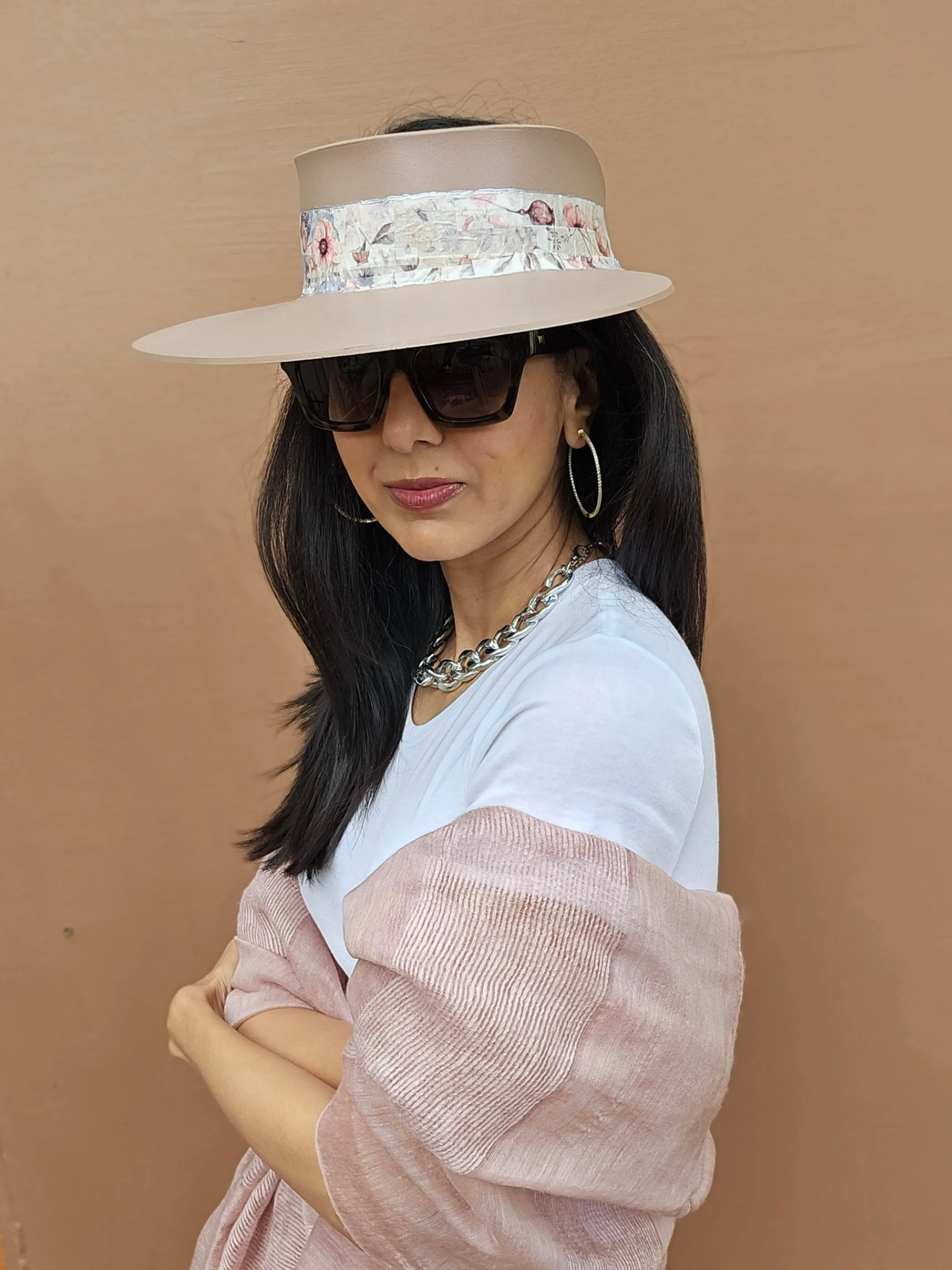 Tall Brown "LadyEVA" Visor Hat with Bold Pink Floral Band