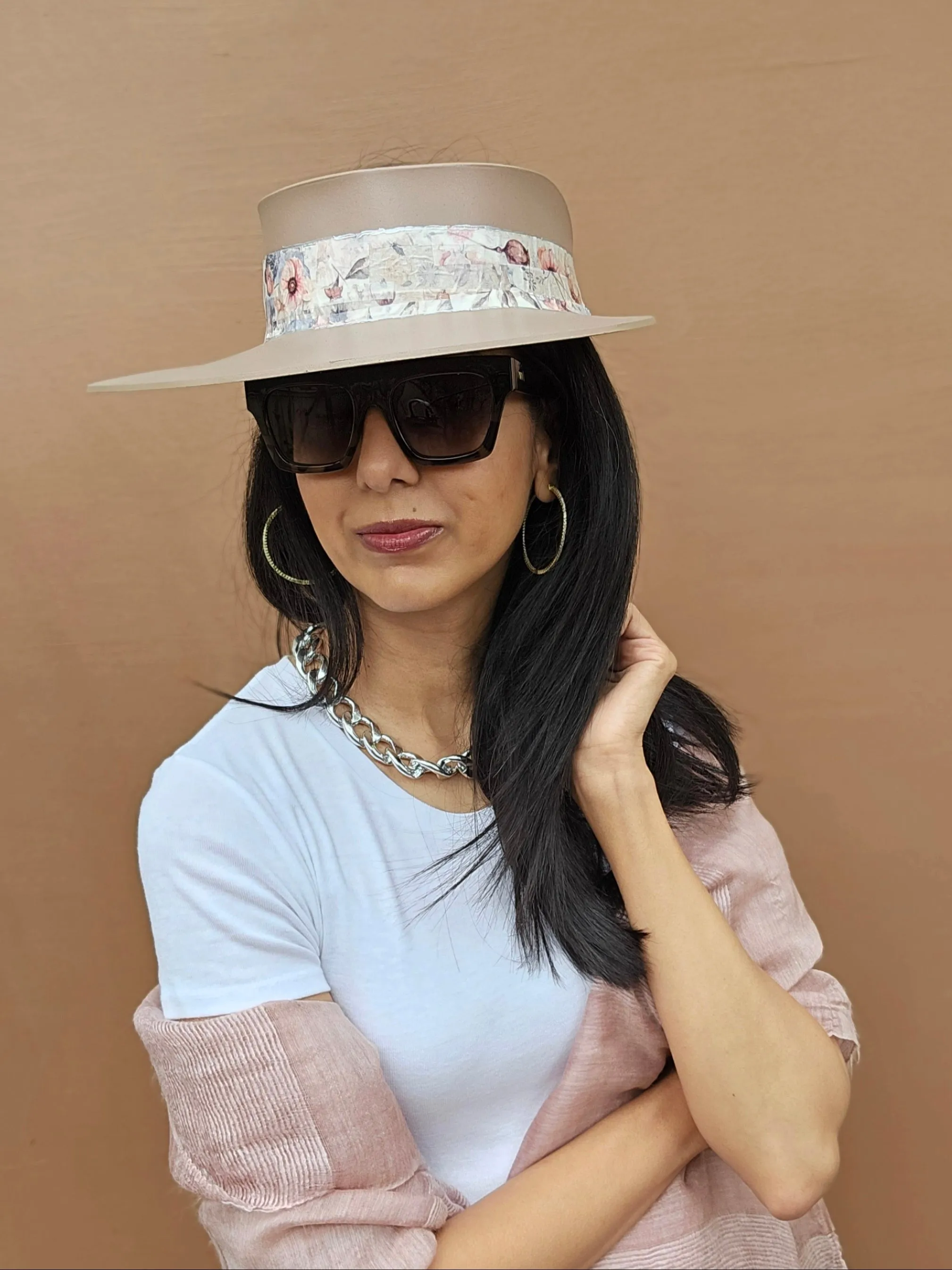 Tall Brown "LadyEVA" Visor Hat with Bold Pink Floral Band