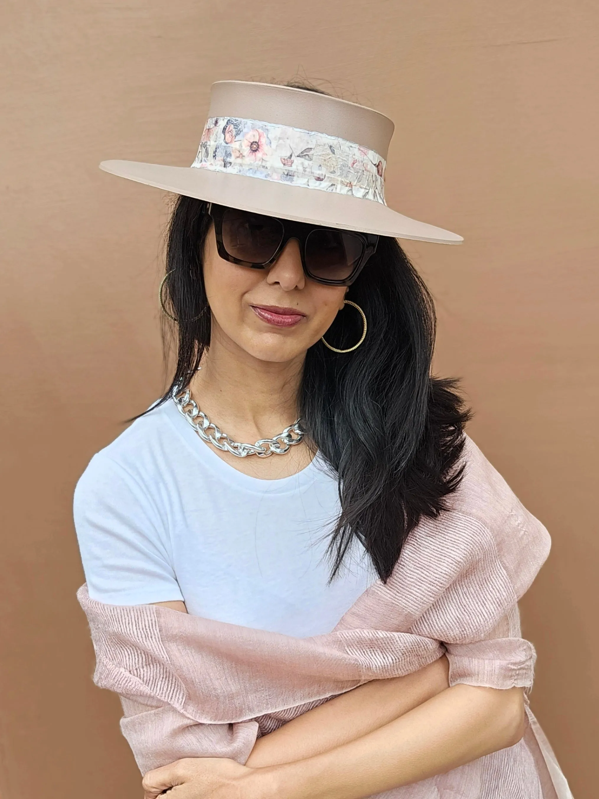 Tall Brown "LadyEVA" Visor Hat with Bold Pink Floral Band