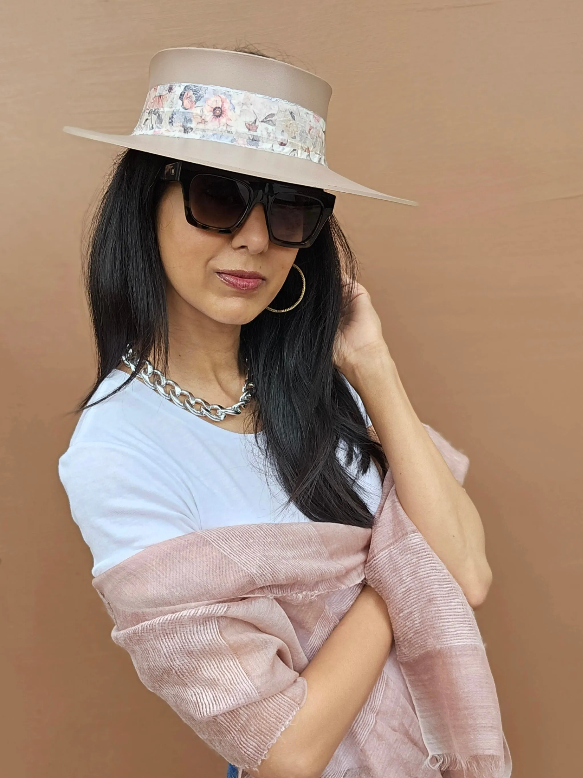 Tall Brown "LadyEVA" Visor Hat with Bold Pink Floral Band