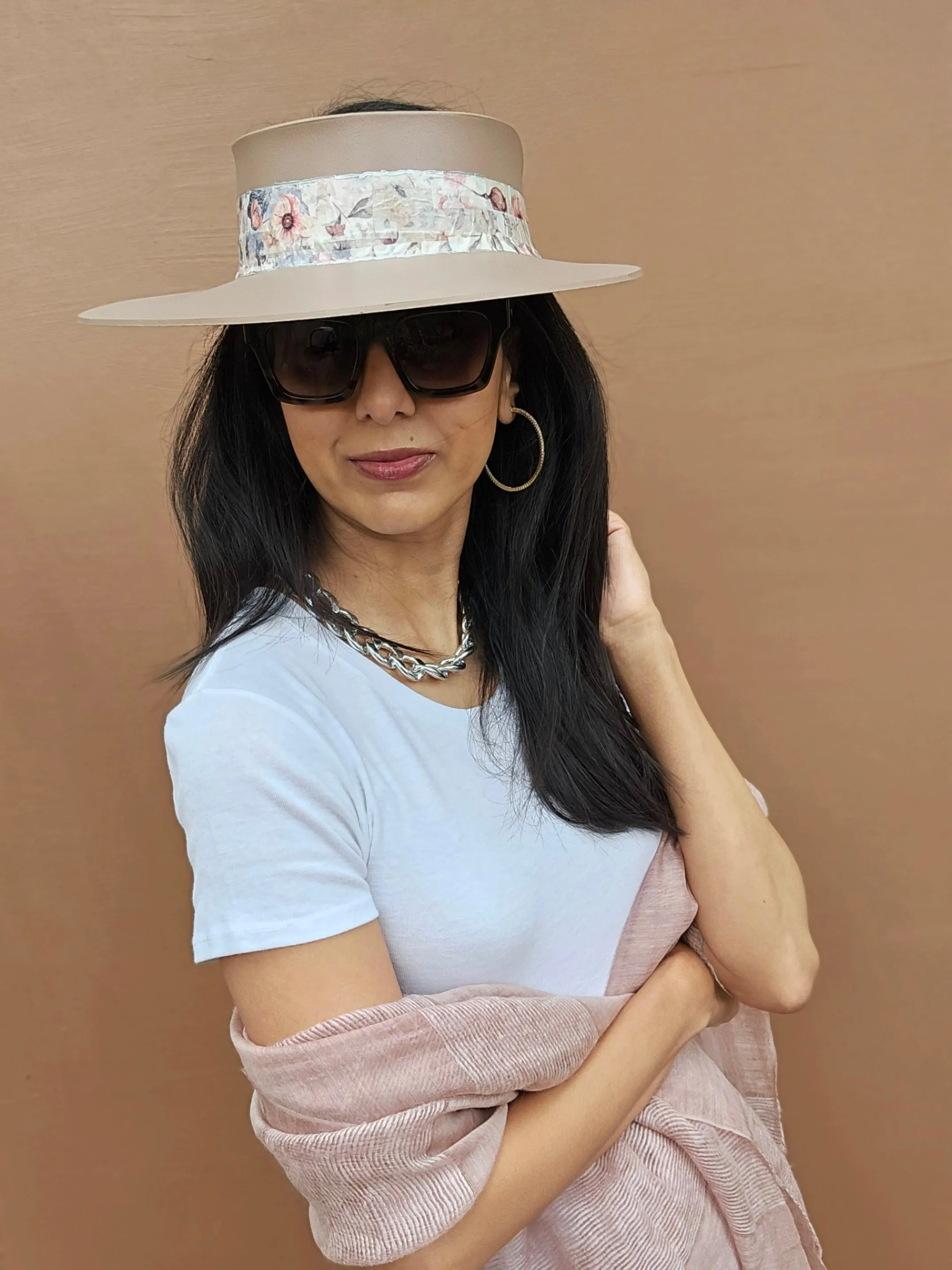 Tall Brown "LadyEVA" Visor Hat with Bold Pink Floral Band