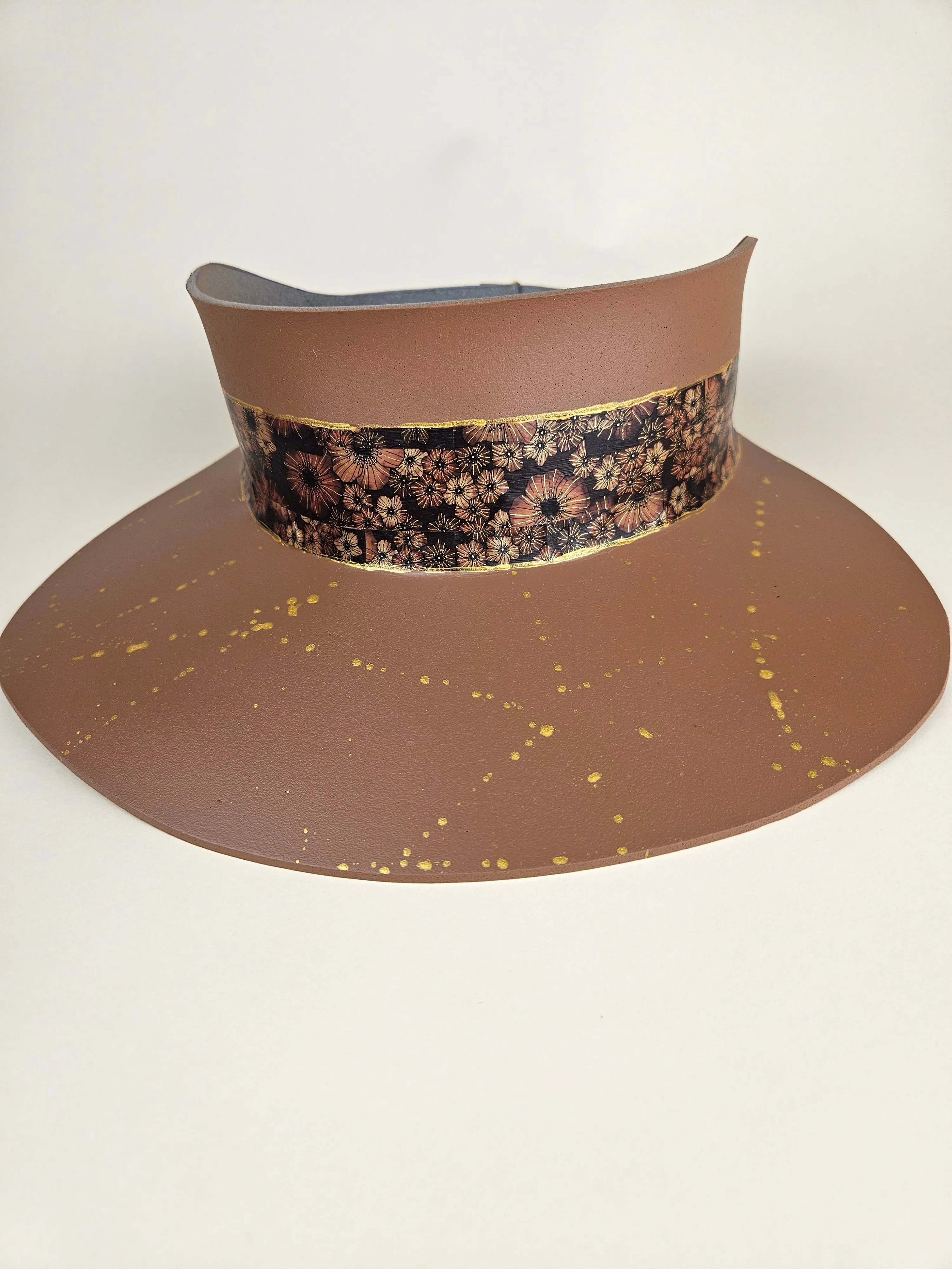 Tall Brown "LadyEVA" Visor Hat with Brown Floral Band and Gold Paint Splatter Effect