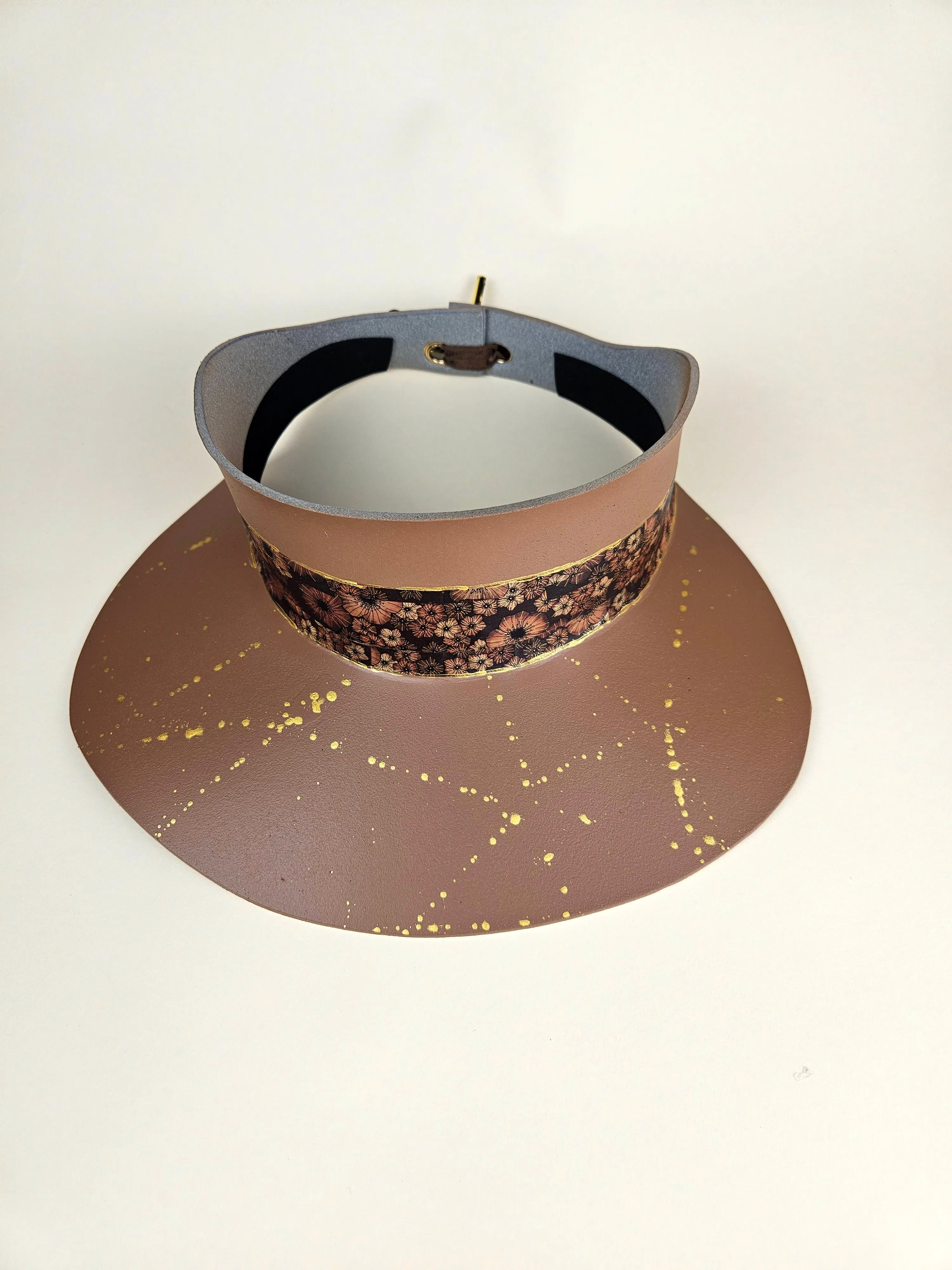 Tall Brown "LadyEVA" Visor Hat with Brown Floral Band and Gold Paint Splatter Effect