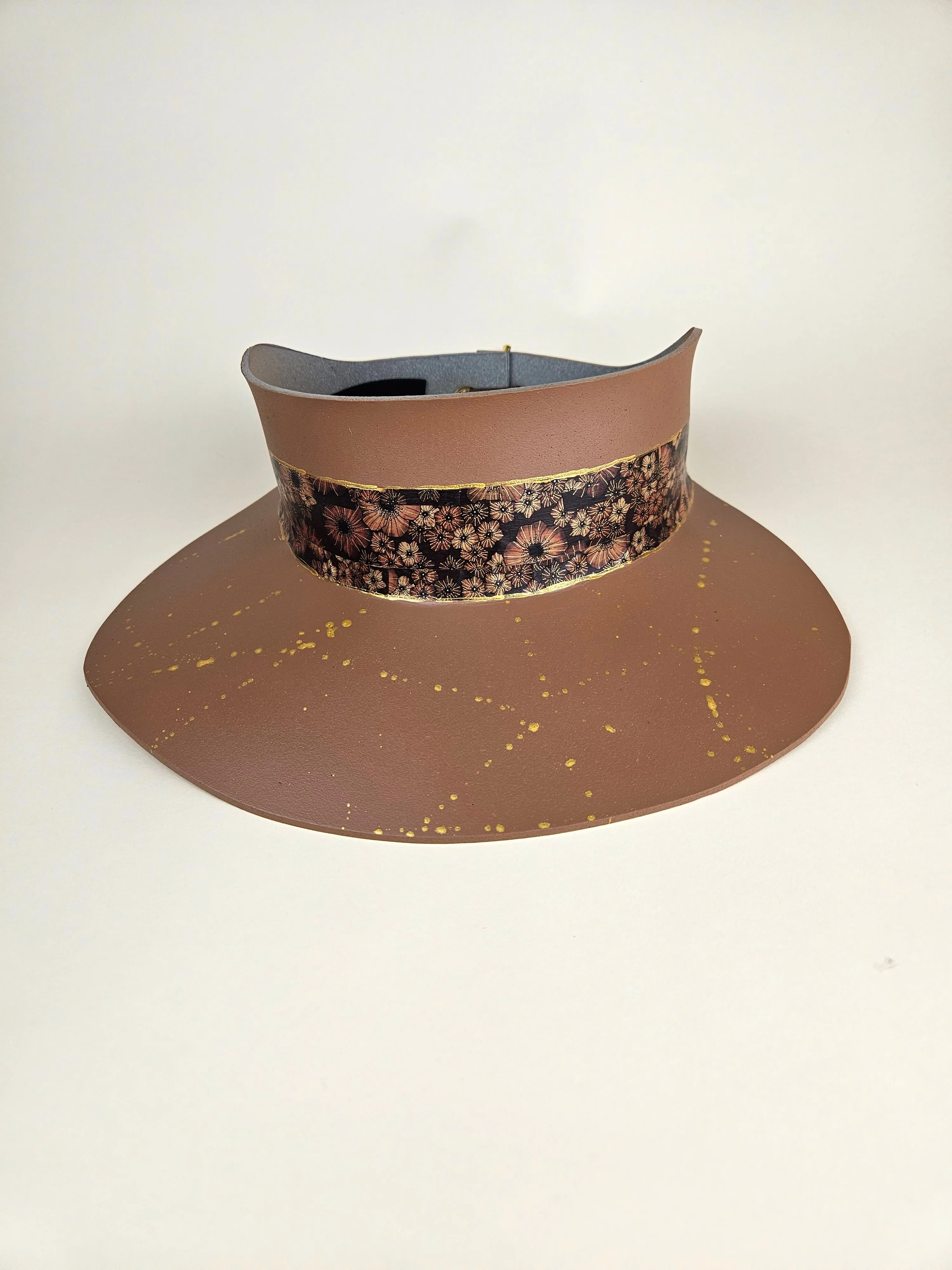 Tall Brown "LadyEVA" Visor Hat with Brown Floral Band and Gold Paint Splatter Effect