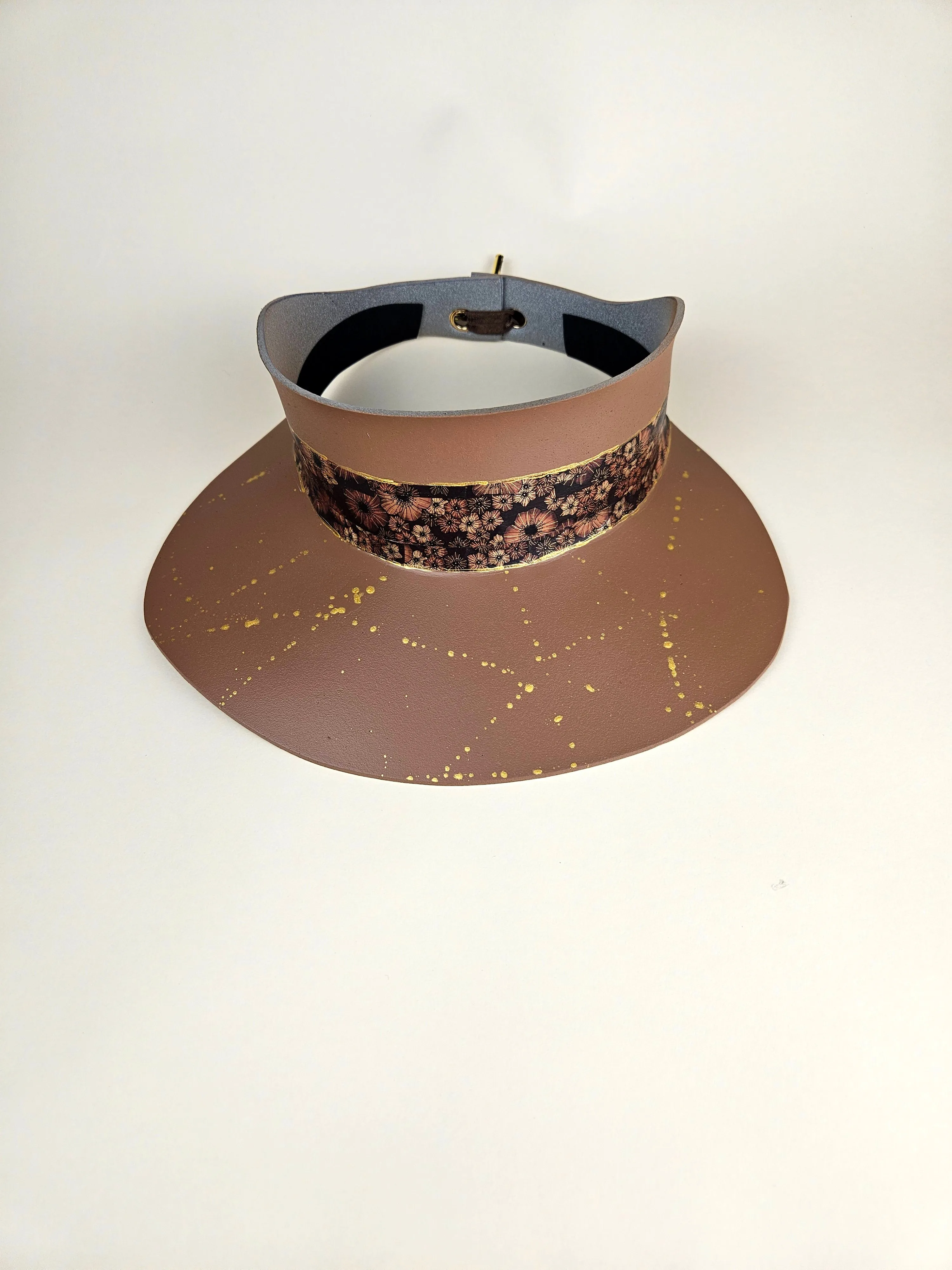 Tall Brown "LadyEVA" Visor Hat with Brown Floral Band and Gold Paint Splatter Effect