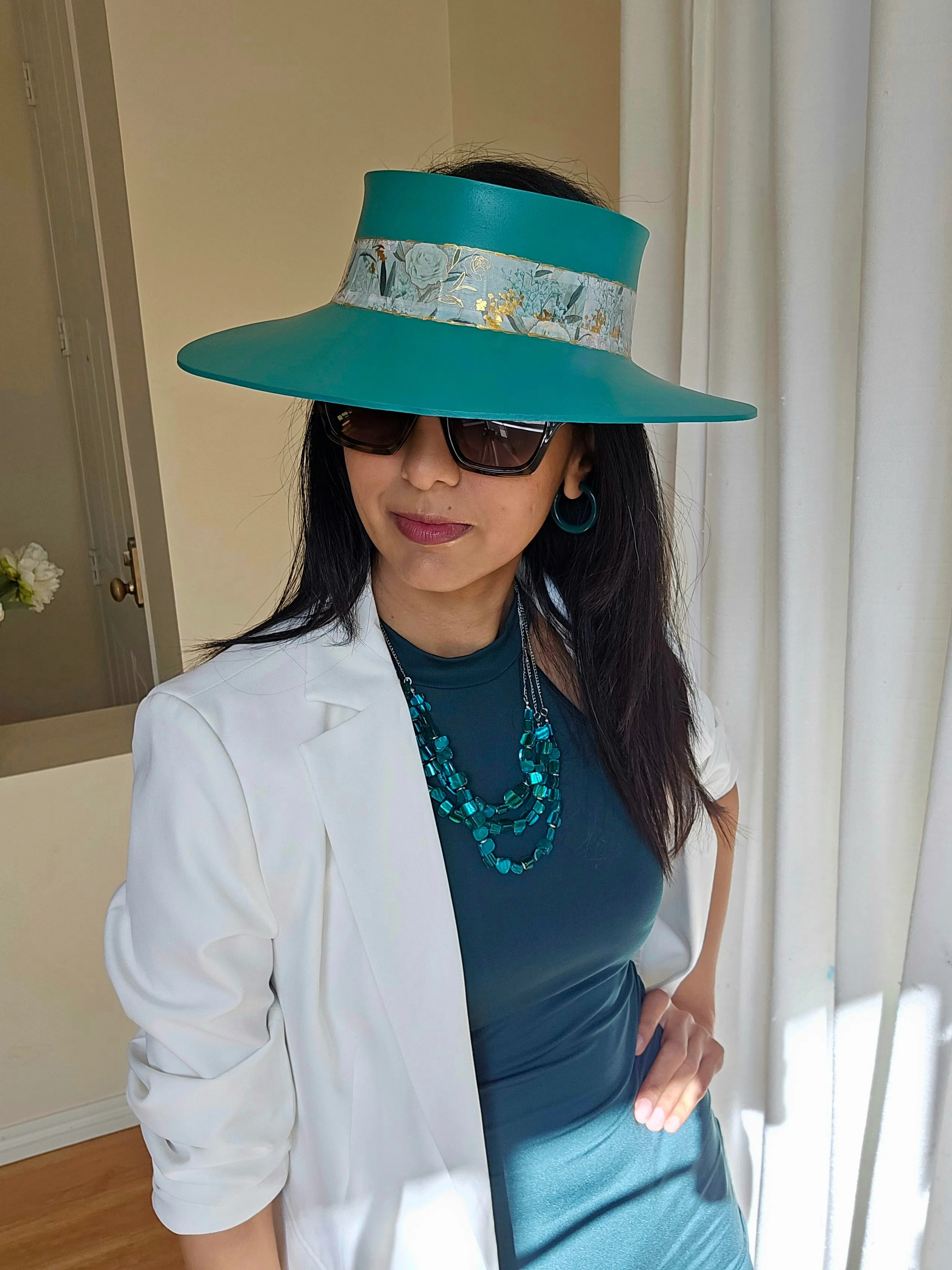Tall Emerald Green LadyEVA Visor Hat with Golden Floral Band
