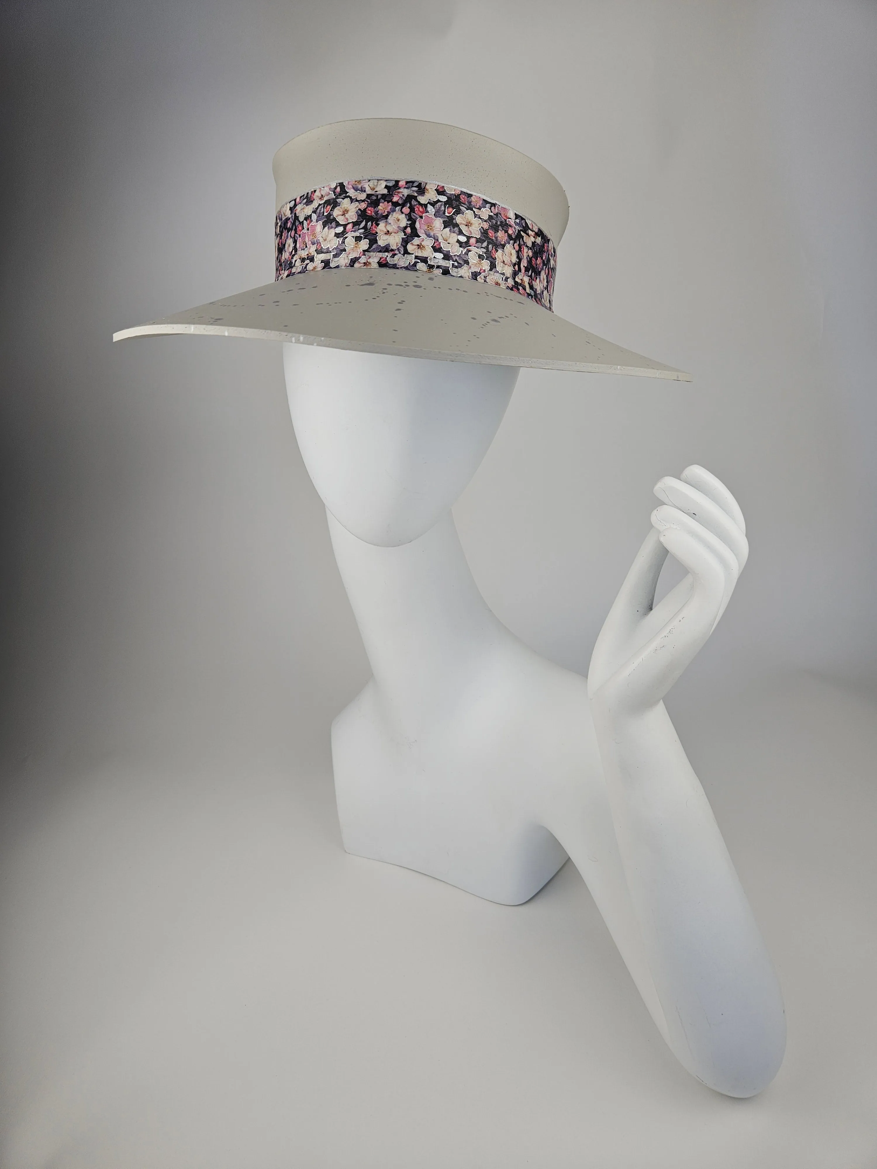Tall Gray Beige "LadyEVA" Visor Hat with Dark Floral Band and Silver Paint Splatter Effect