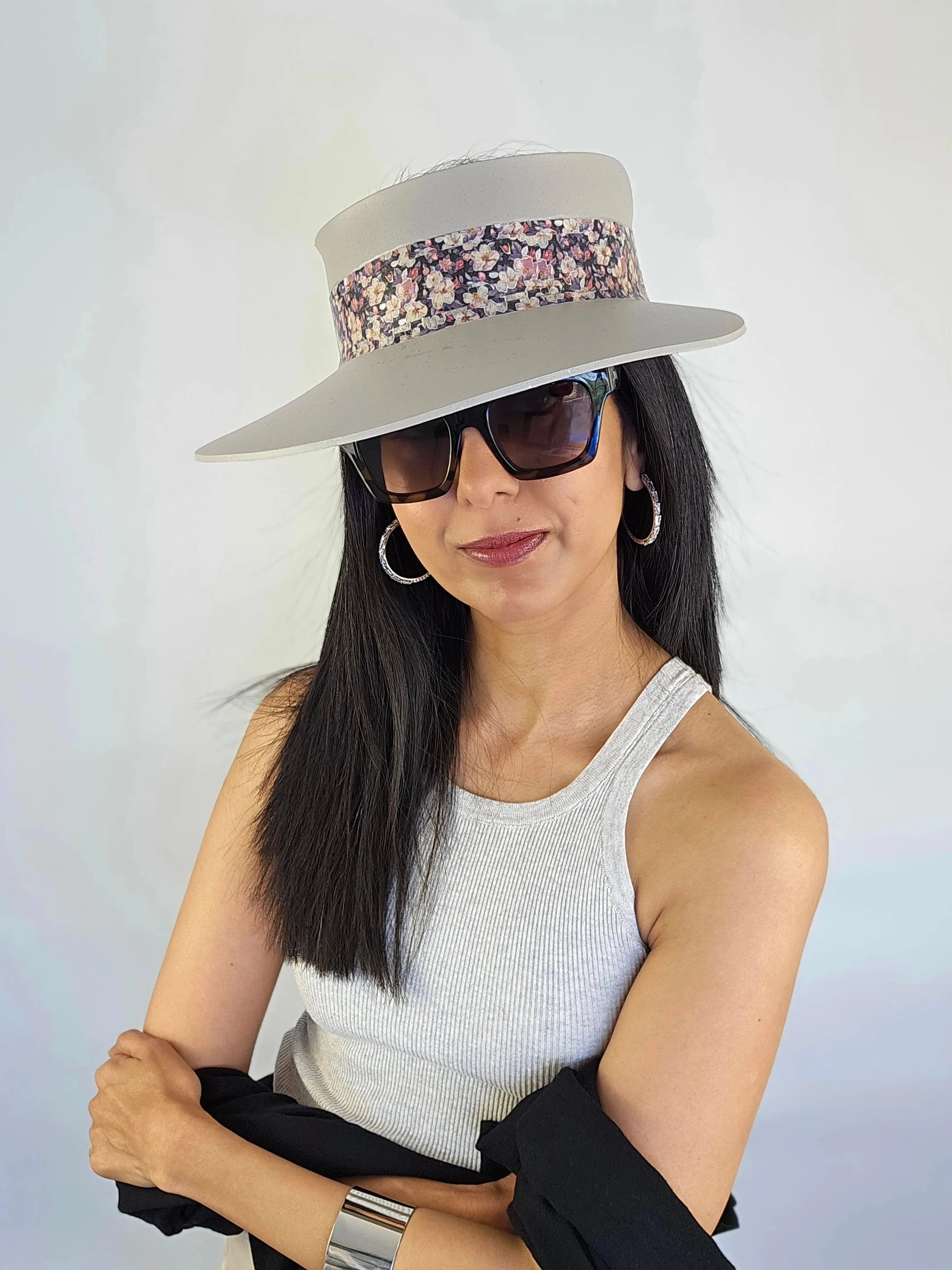 Tall Gray Beige "LadyEVA" Visor Hat with Dark Floral Band and Silver Paint Splatter Effect