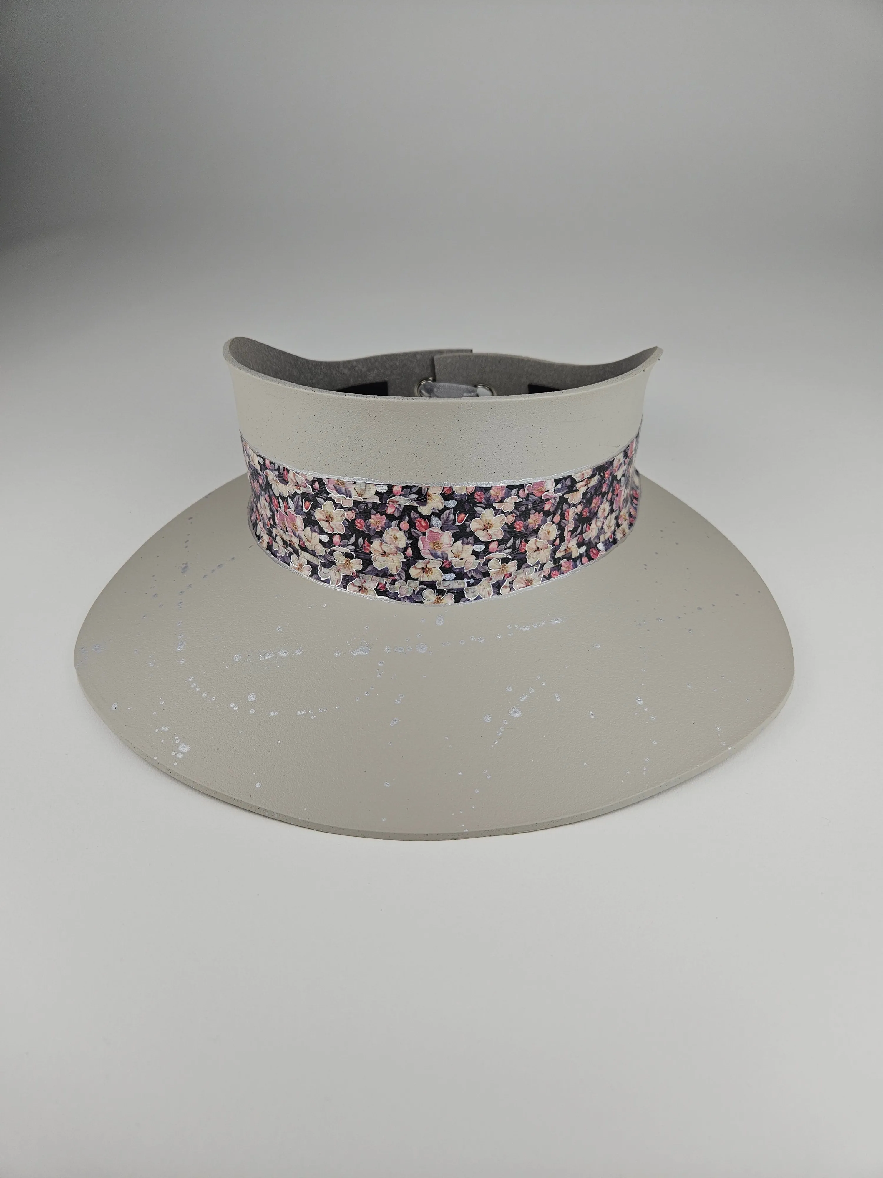 Tall Gray Beige "LadyEVA" Visor Hat with Dark Floral Band and Silver Paint Splatter Effect