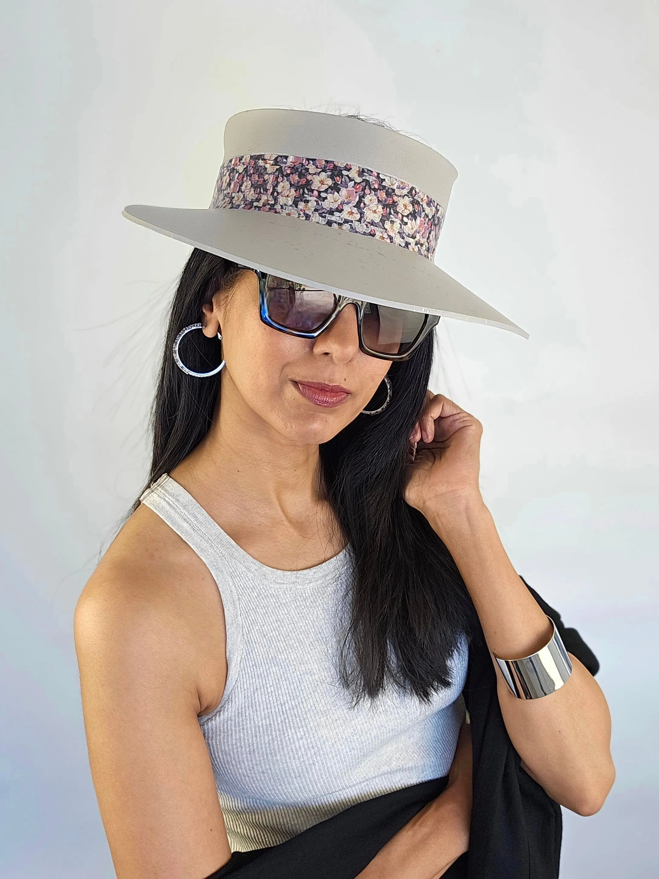 Tall Gray Beige "LadyEVA" Visor Hat with Dark Floral Band and Silver Paint Splatter Effect