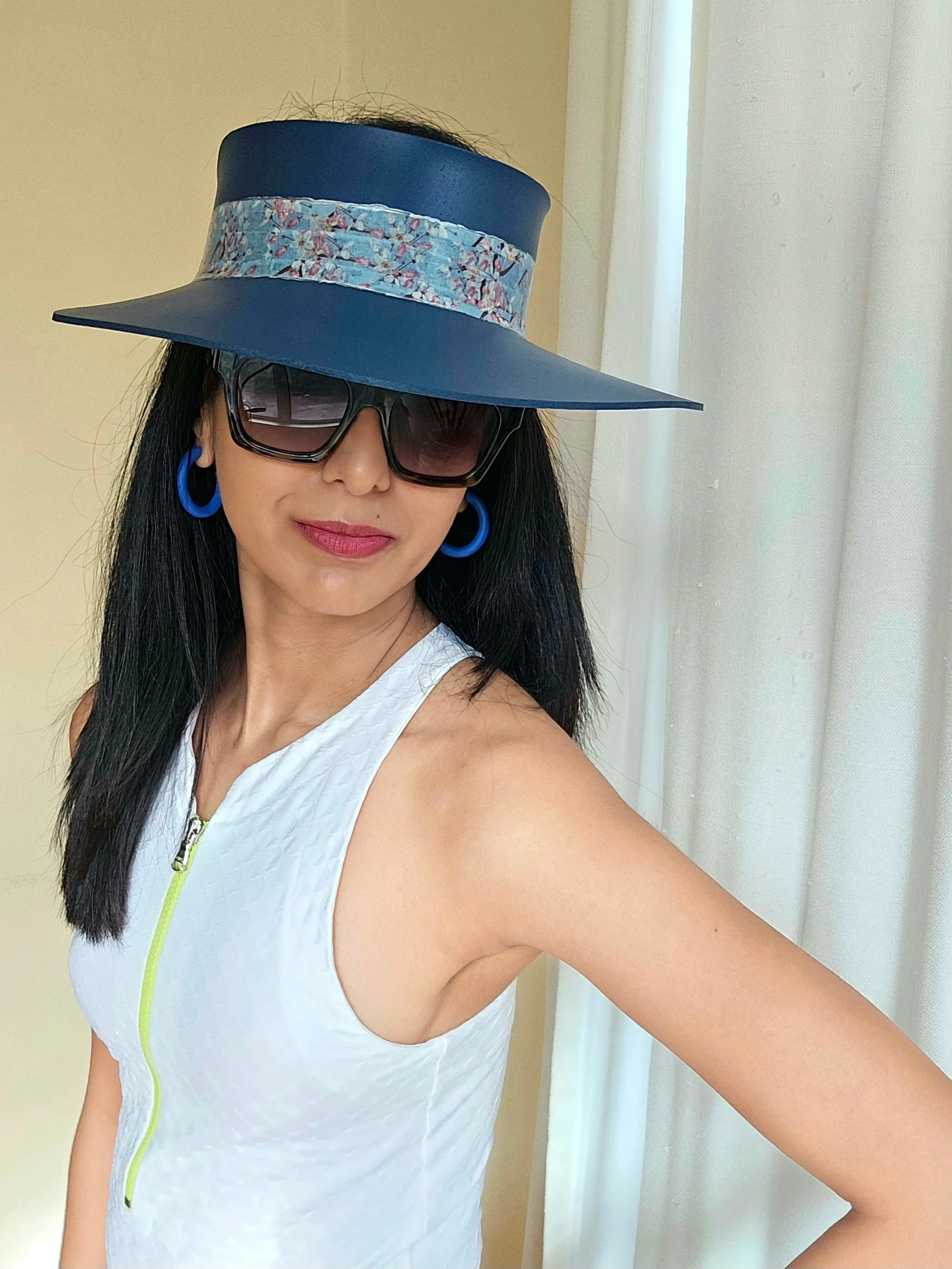 Tall Navy Blue "LadyEVA" Visor Hat with Pink and Blue Floral Band