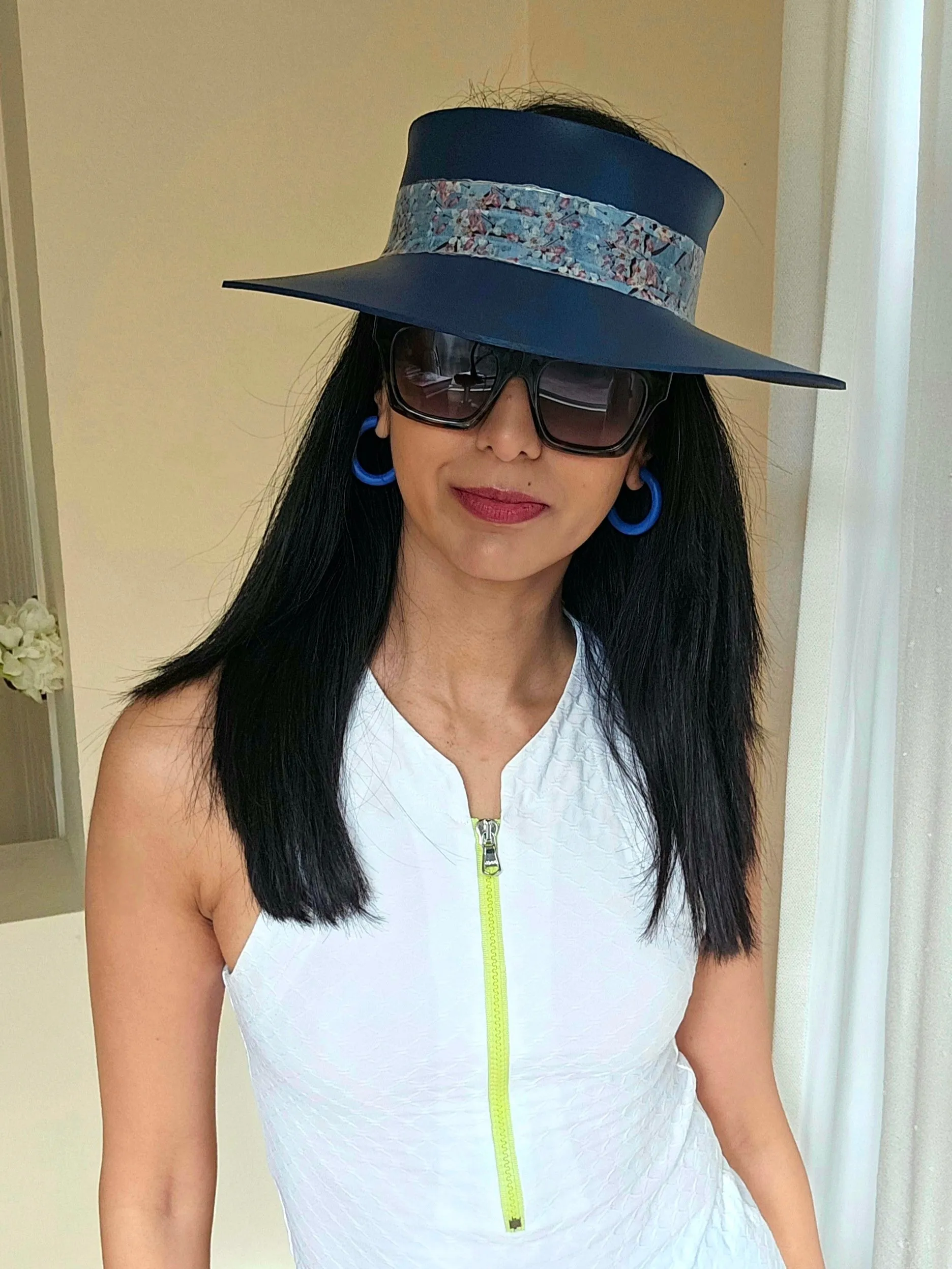 Tall Navy Blue "LadyEVA" Visor Hat with Pink and Blue Floral Band