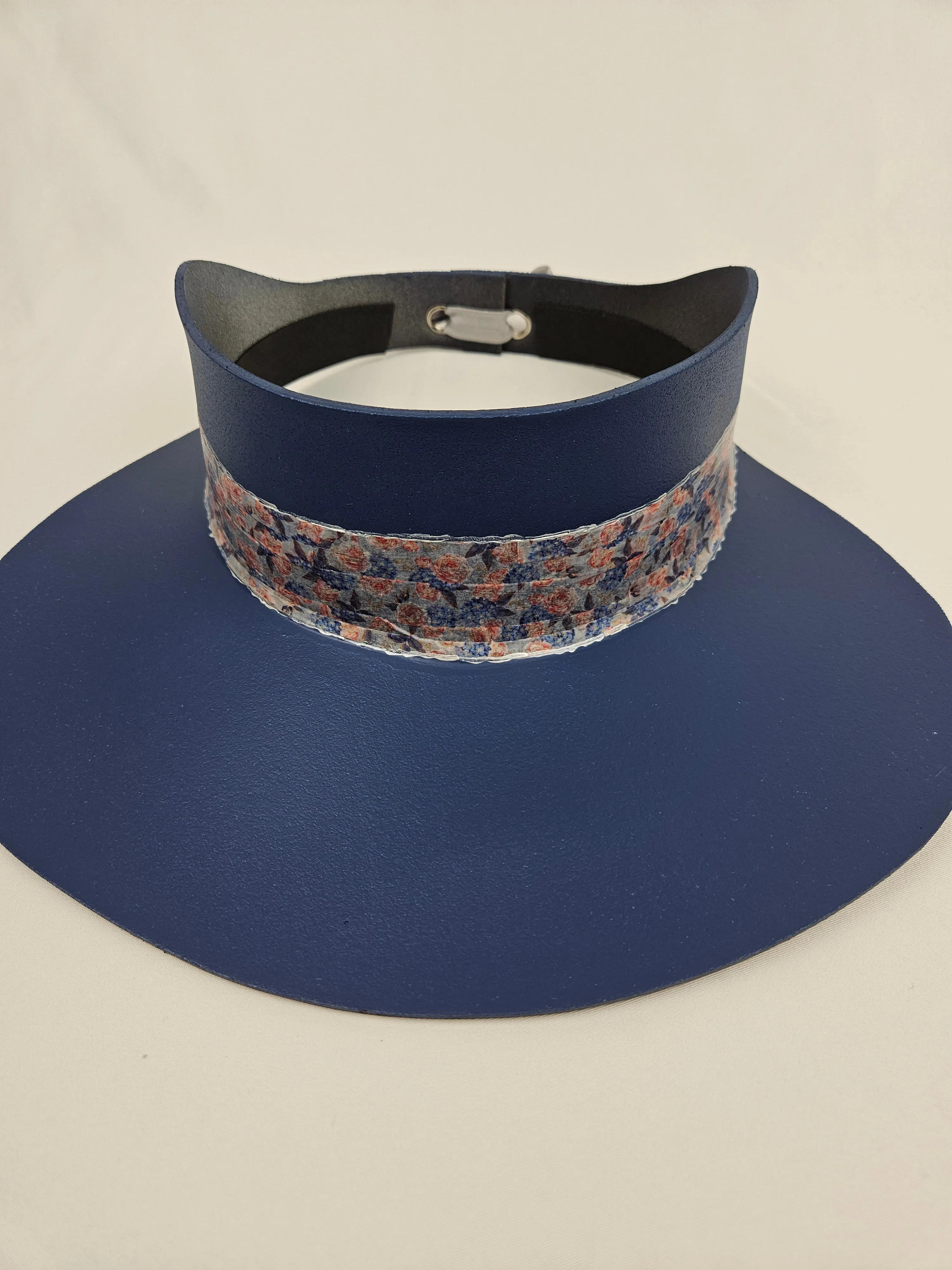Tall Navy Blue "LadyEVA" Visor Hat with Pink and Blue Floral Band