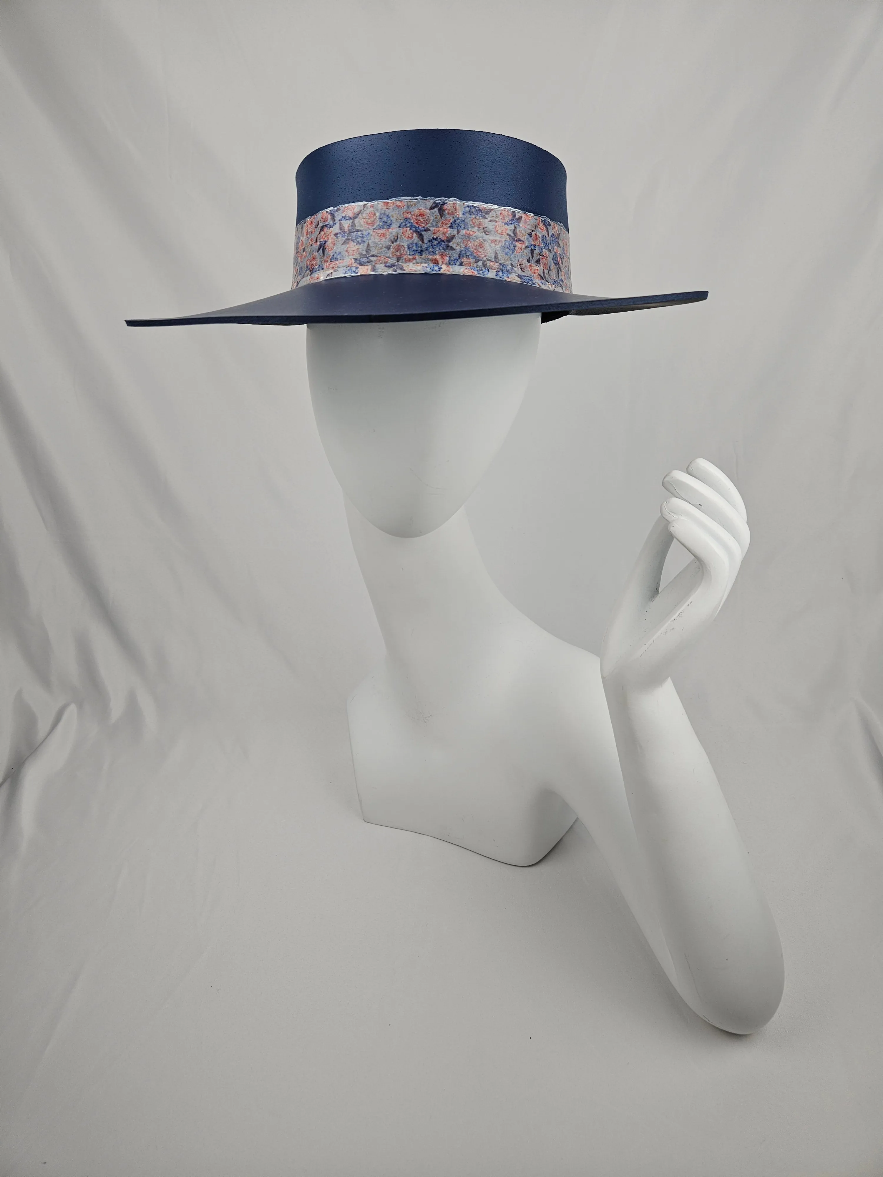 Tall Navy Blue "LadyEVA" Visor Hat with Pink and Blue Floral Band