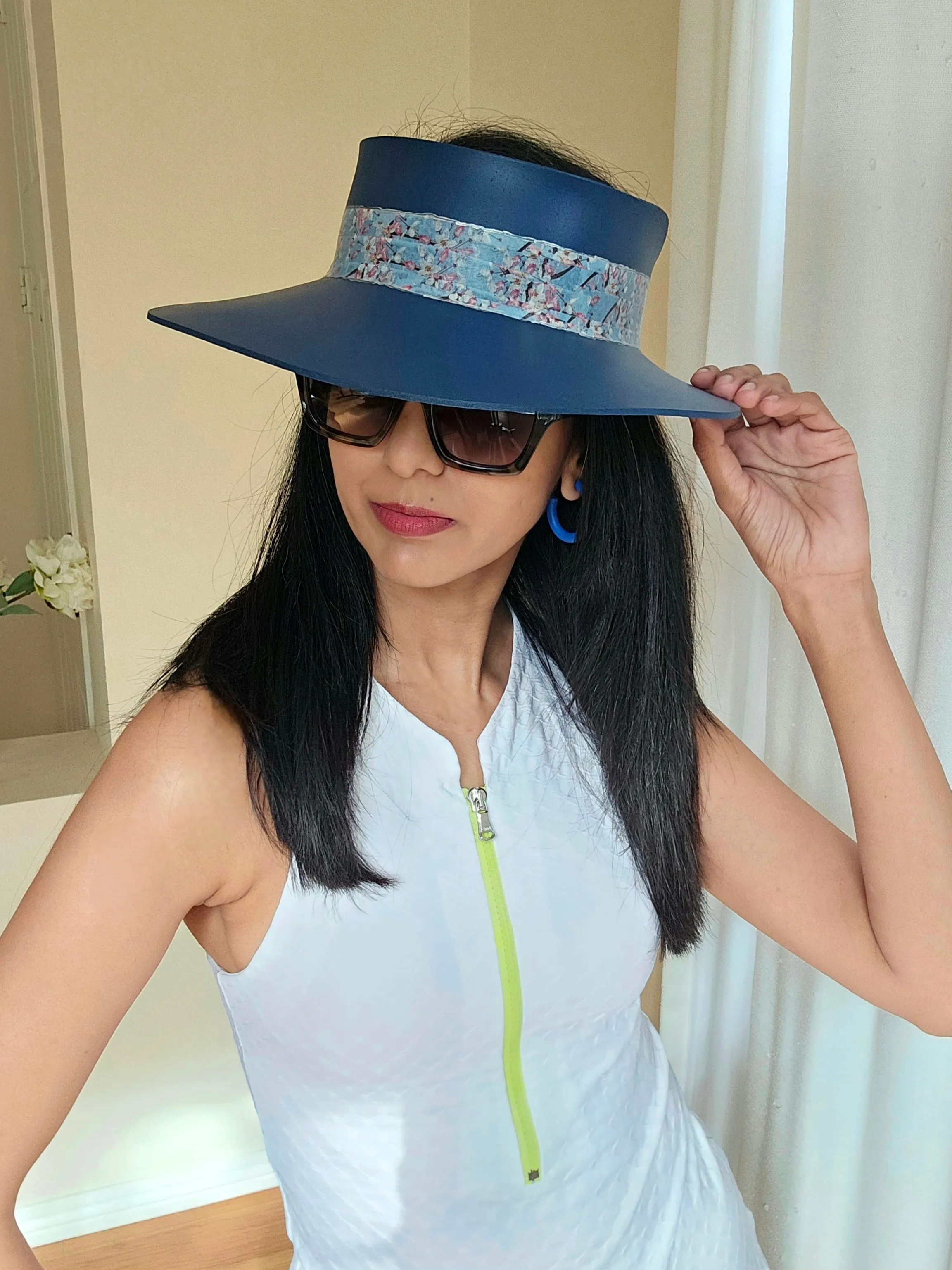 Tall Navy Blue "LadyEVA" Visor Hat with Pink and Blue Floral Band